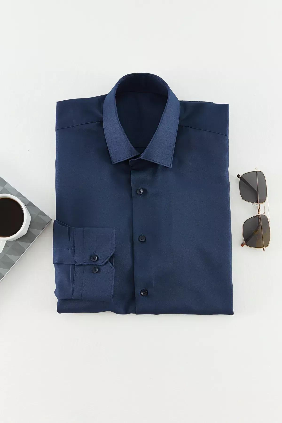 Navy Plain Collared Shirt, , large image number 5