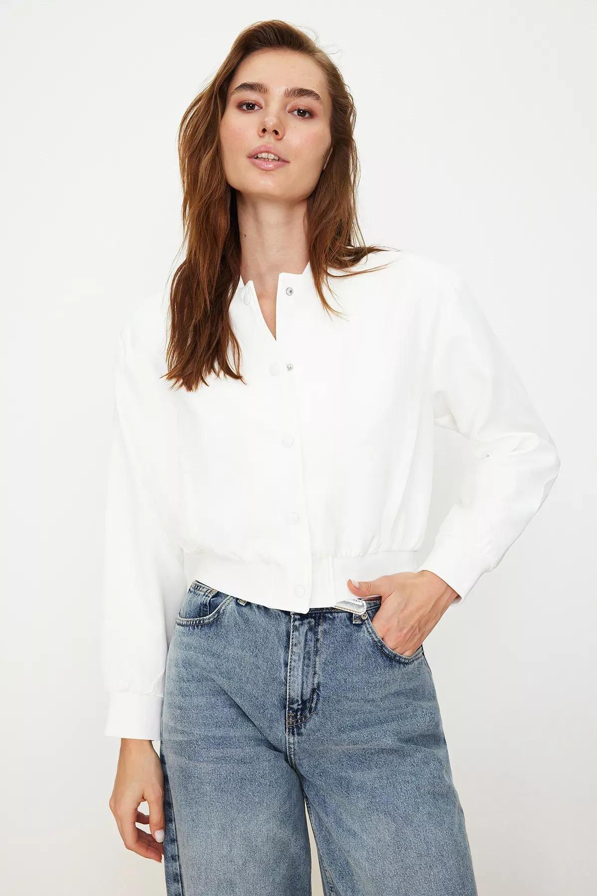 Beige Crop Thin Bomber Jacket, Ecru, medium