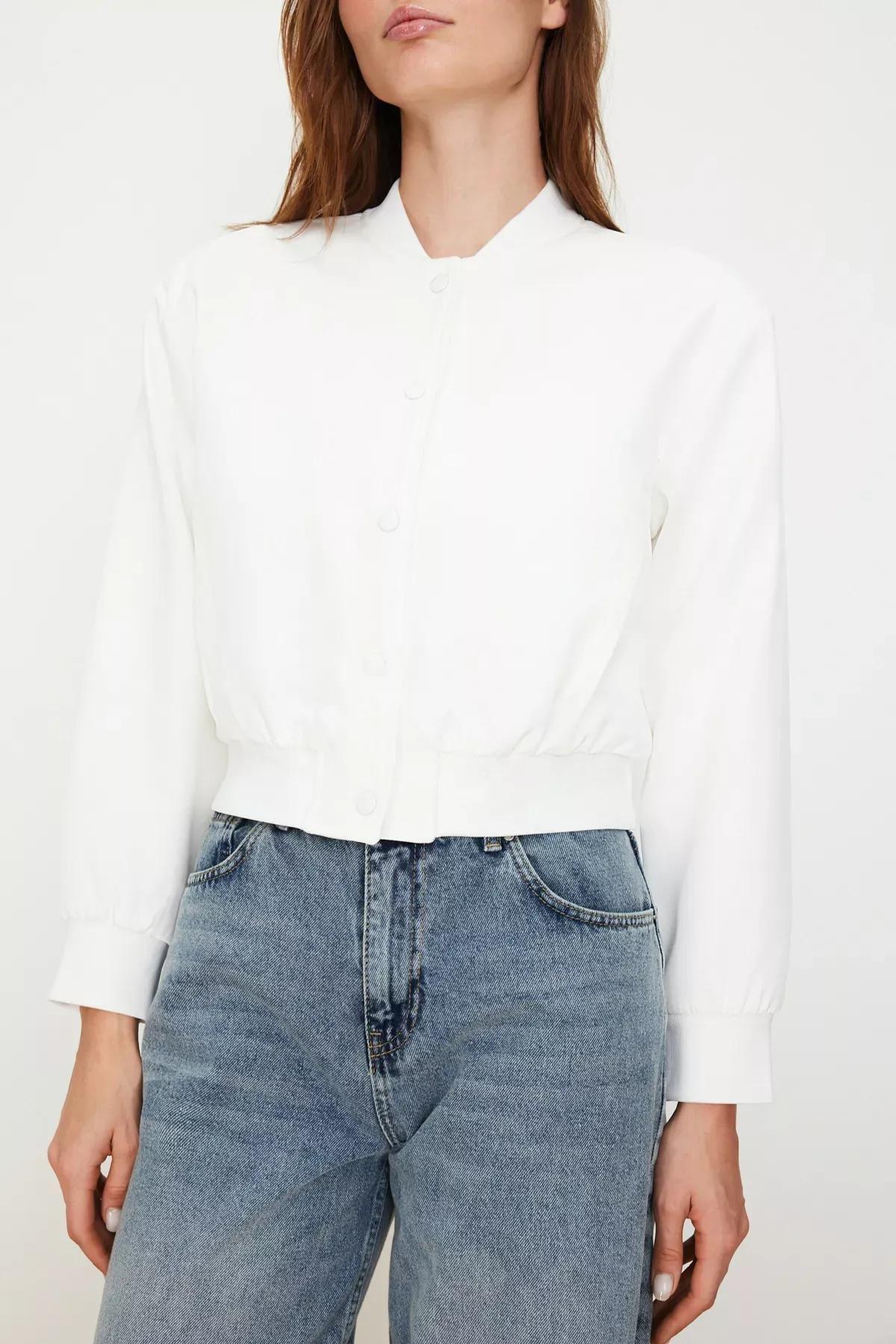 Beige Crop Thin Bomber Jacket, Ecru, large image number 3