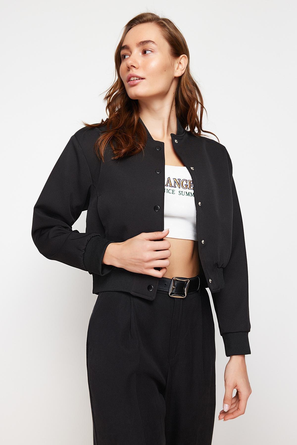 Black Crop Slim Bomber Jacket, , large image number 1