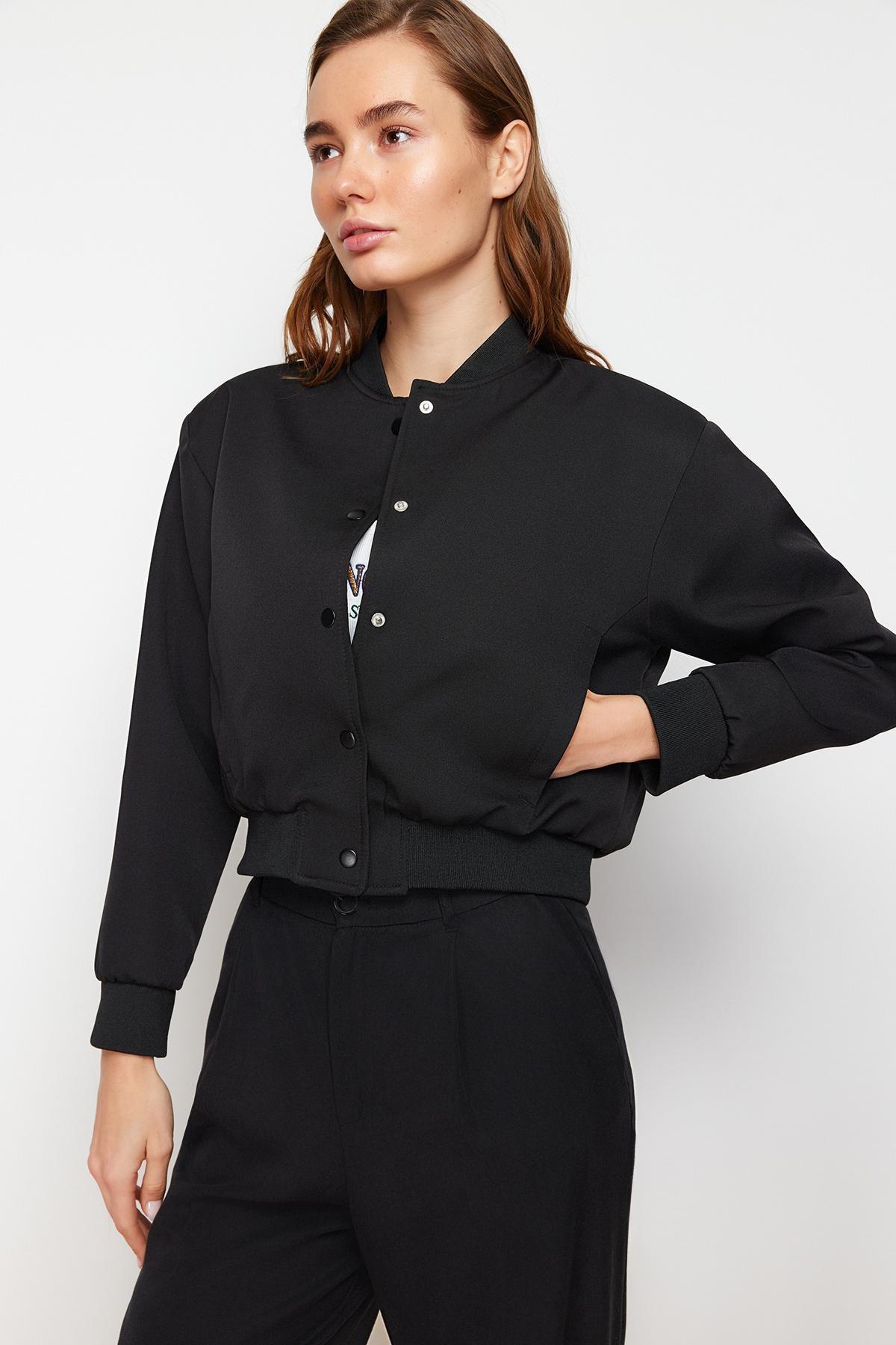 Black Crop Slim Bomber Jacket, , large image number 2