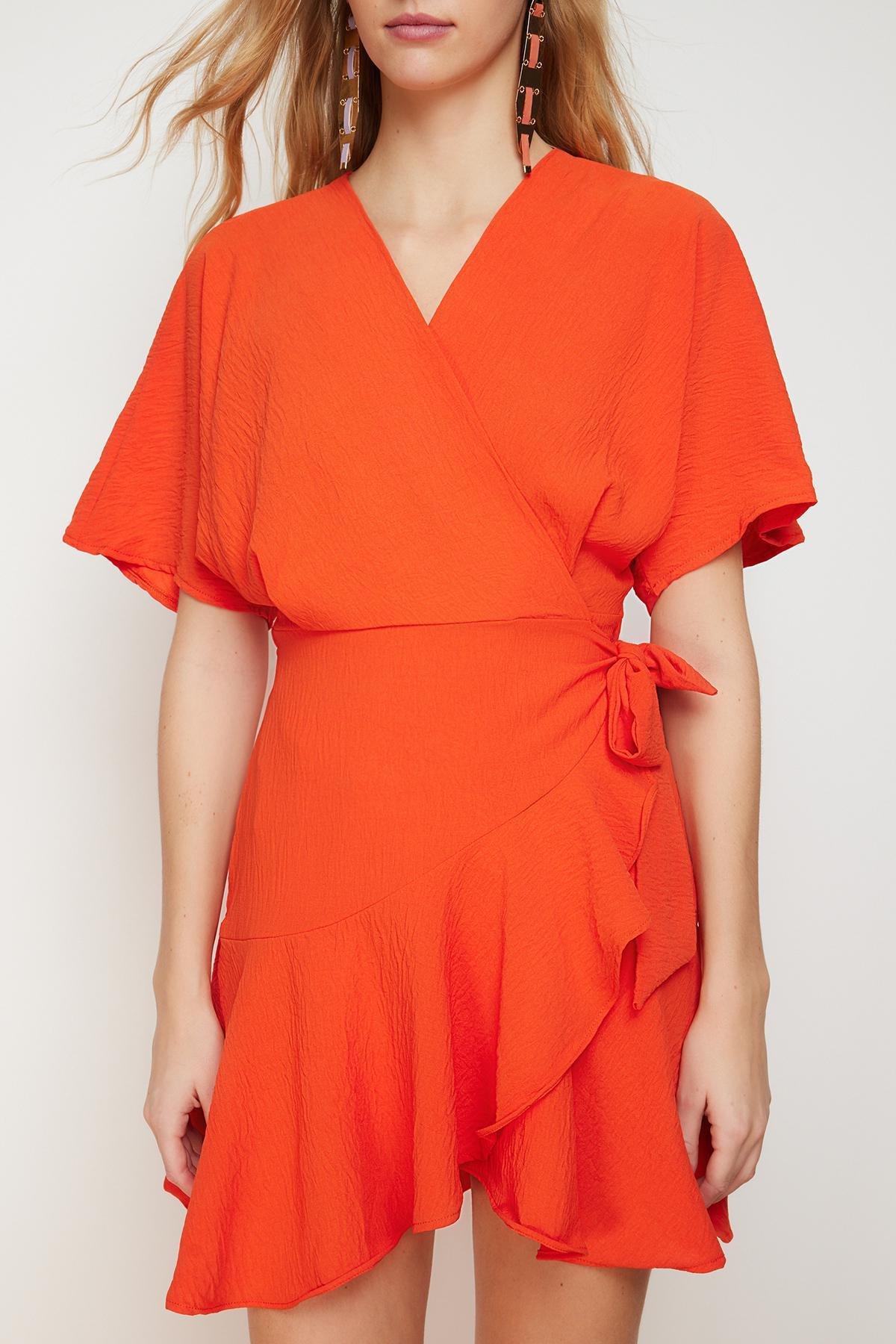 Orange Double Breasted Mini Woven Dress, , large image number 3