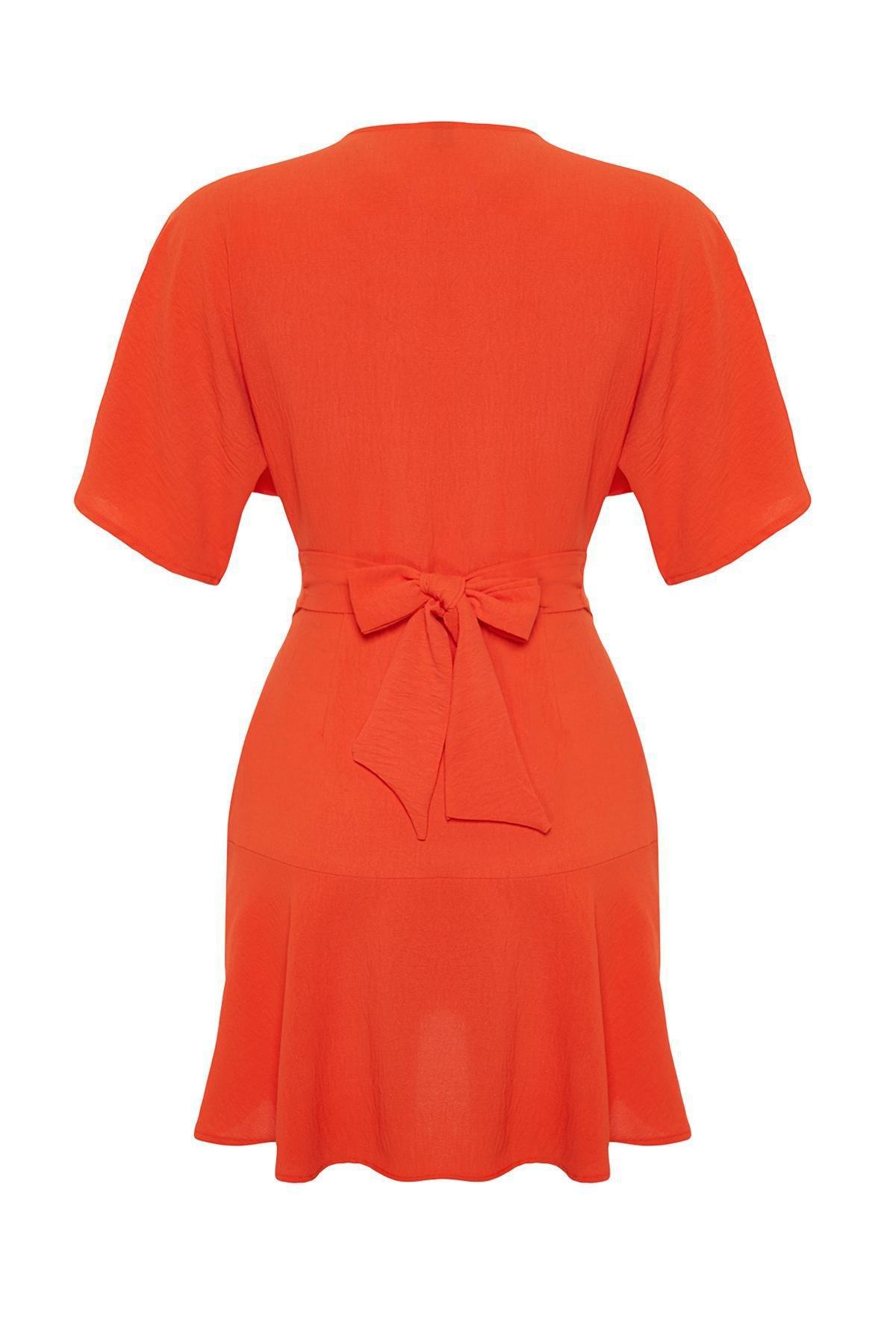 Orange Double Breasted Mini Woven Dress, , large image number 6