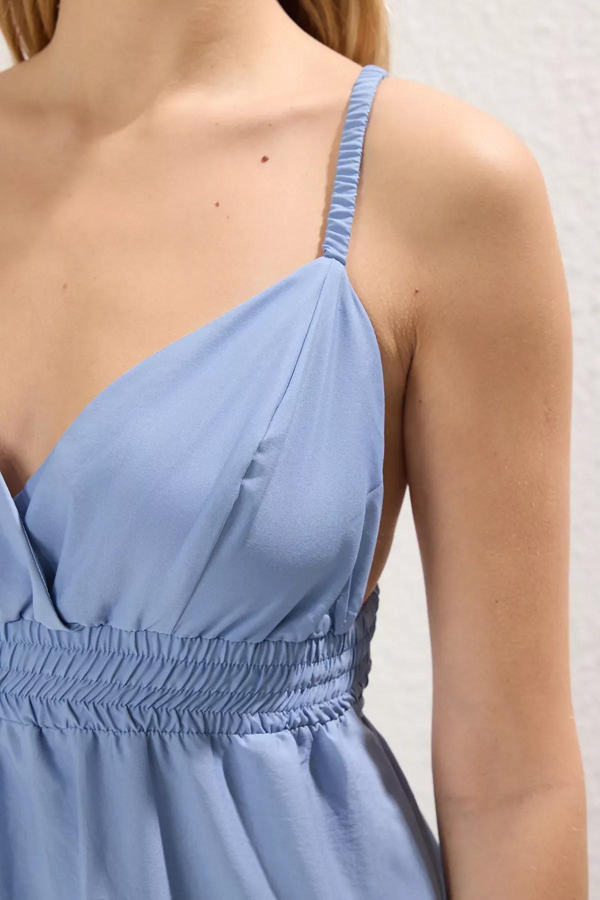 فستان متوسط الطول سادة مزمومة، أزرق, Indigo, large image number 2