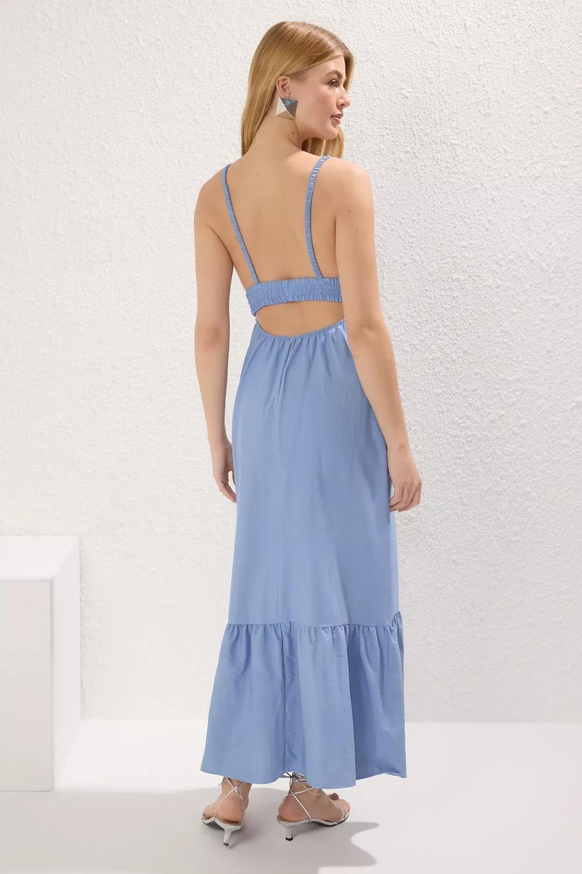 فستان متوسط الطول سادة مزمومة، أزرق, Indigo, large image number 3