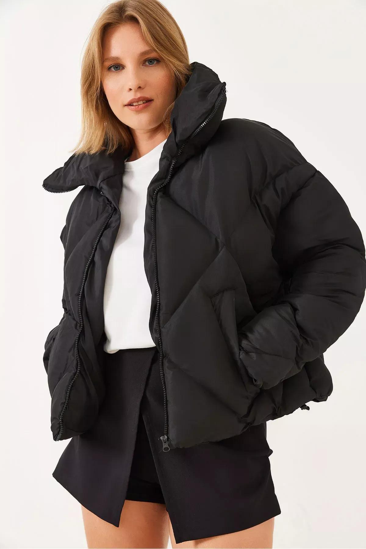 Black Oversized Puffy Coat, BLACK, medium