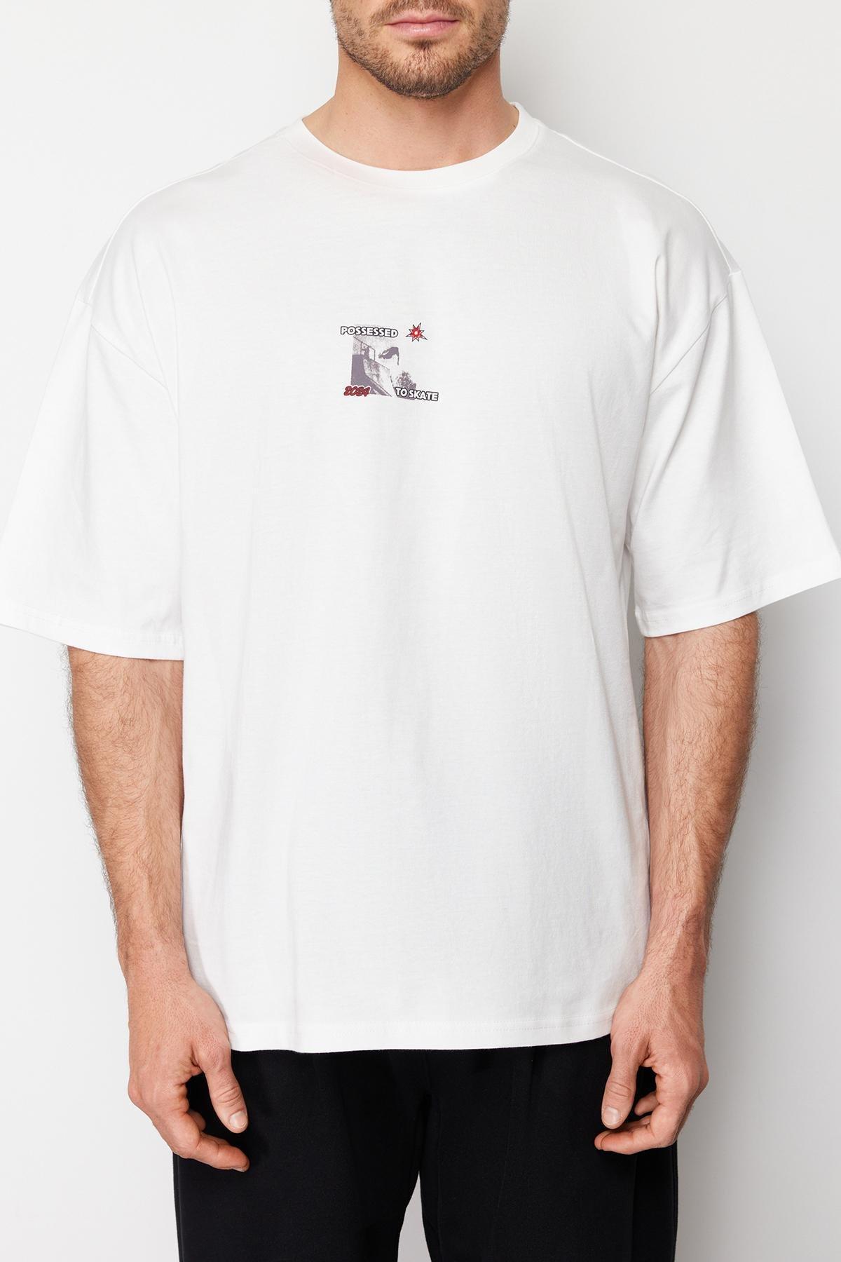 Ecru Oversize Skateboard Printed T-Shirt, Ecru, large image number 2