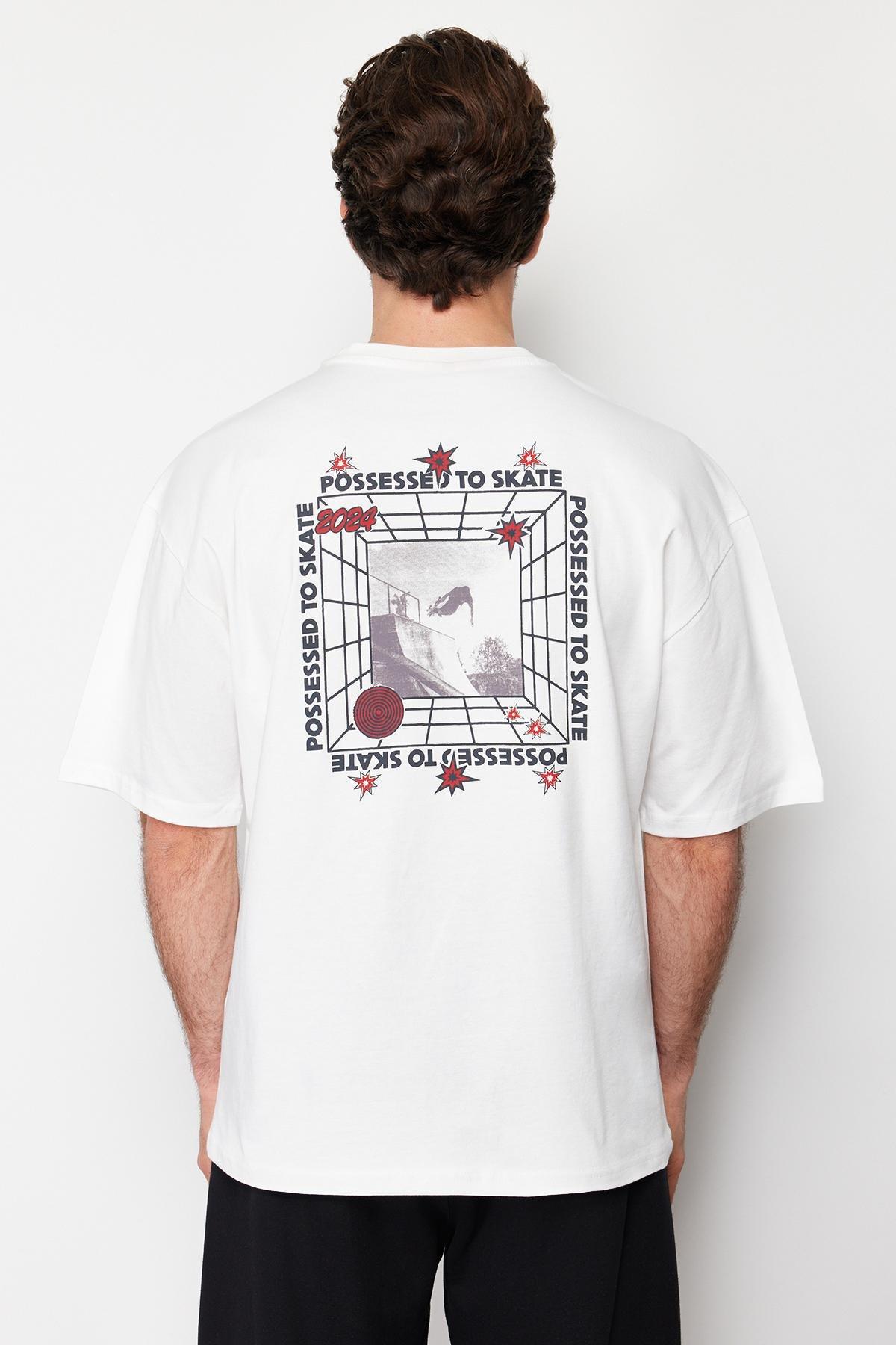 Ecru Oversize Skateboard Printed T-Shirt, Ecru, large image number 3