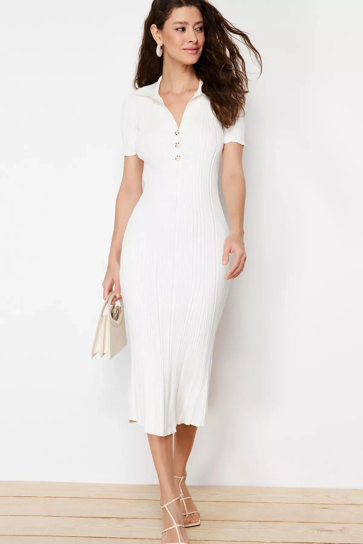 White Maxi Polo Neck Knit Dress, Bone, large image number 2