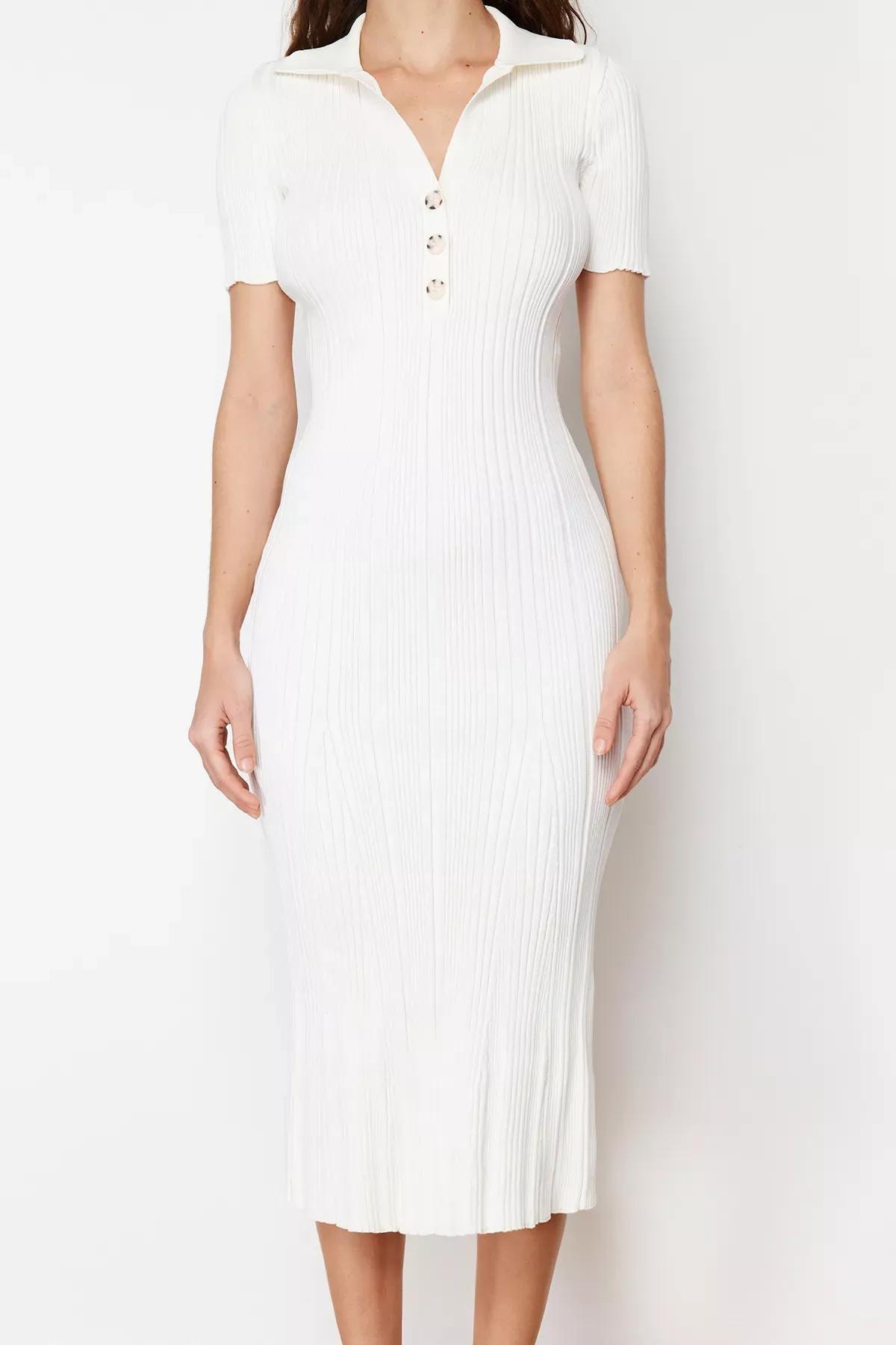 White Maxi Polo Neck Knit Dress, Bone, large image number 5