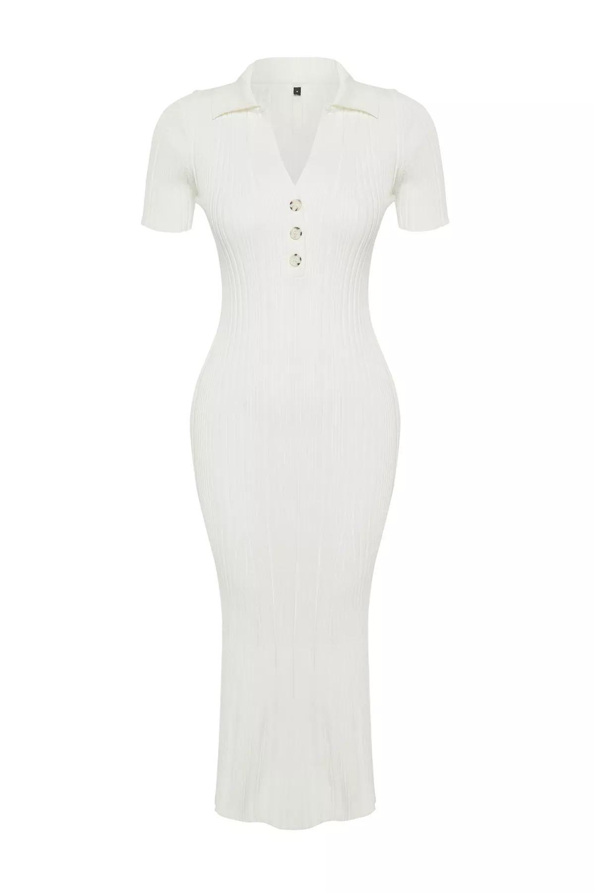 White Maxi Polo Neck Knit Dress, Bone, large image number 6