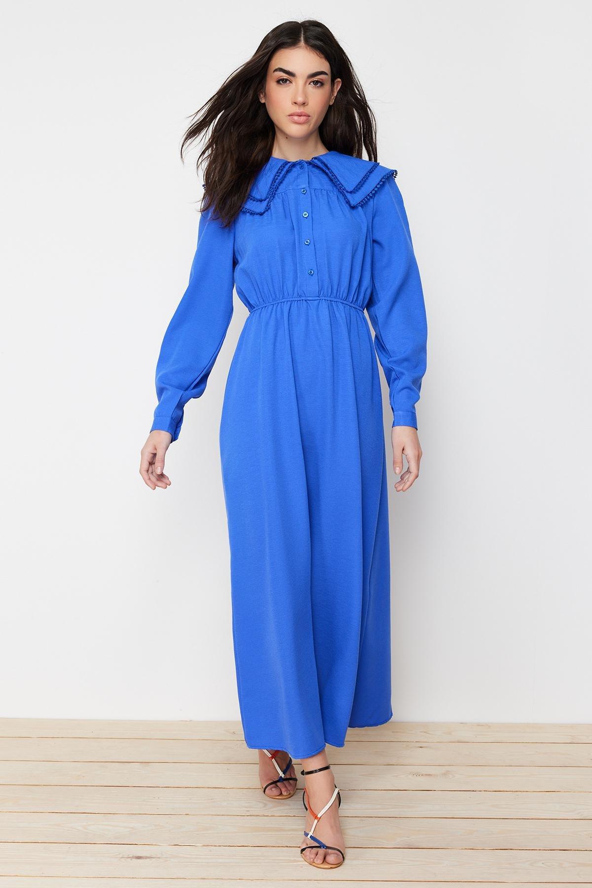 Blue Collared Linen Look Woven Dress, , large image number 0
