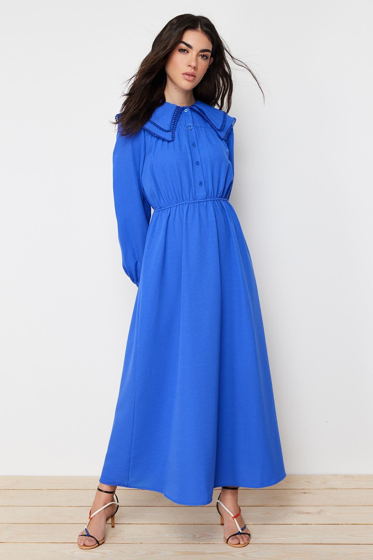 Blue Collared Linen Look Woven Dress, , large image number 1