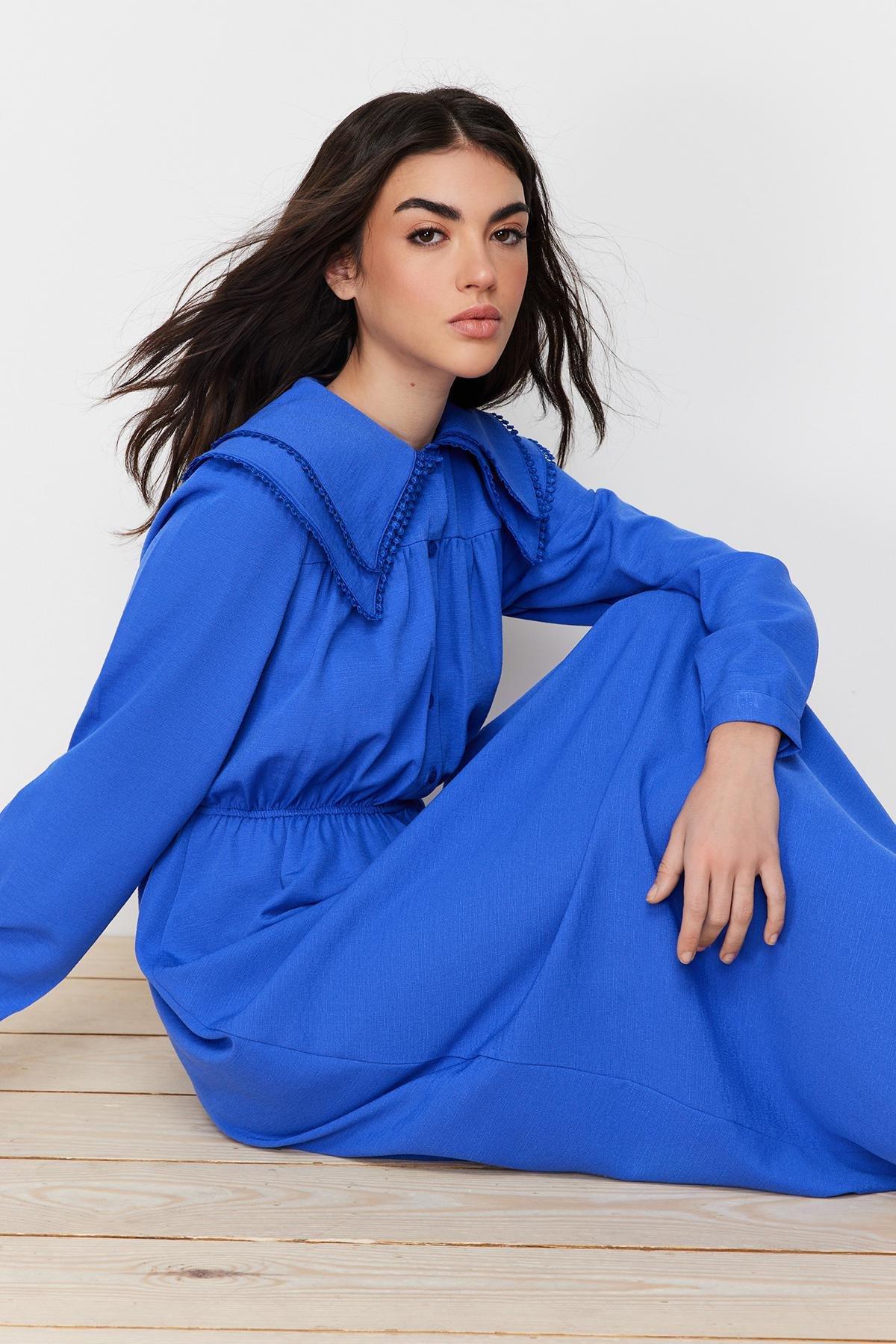 Blue Collared Linen Look Woven Dress, , large image number 2