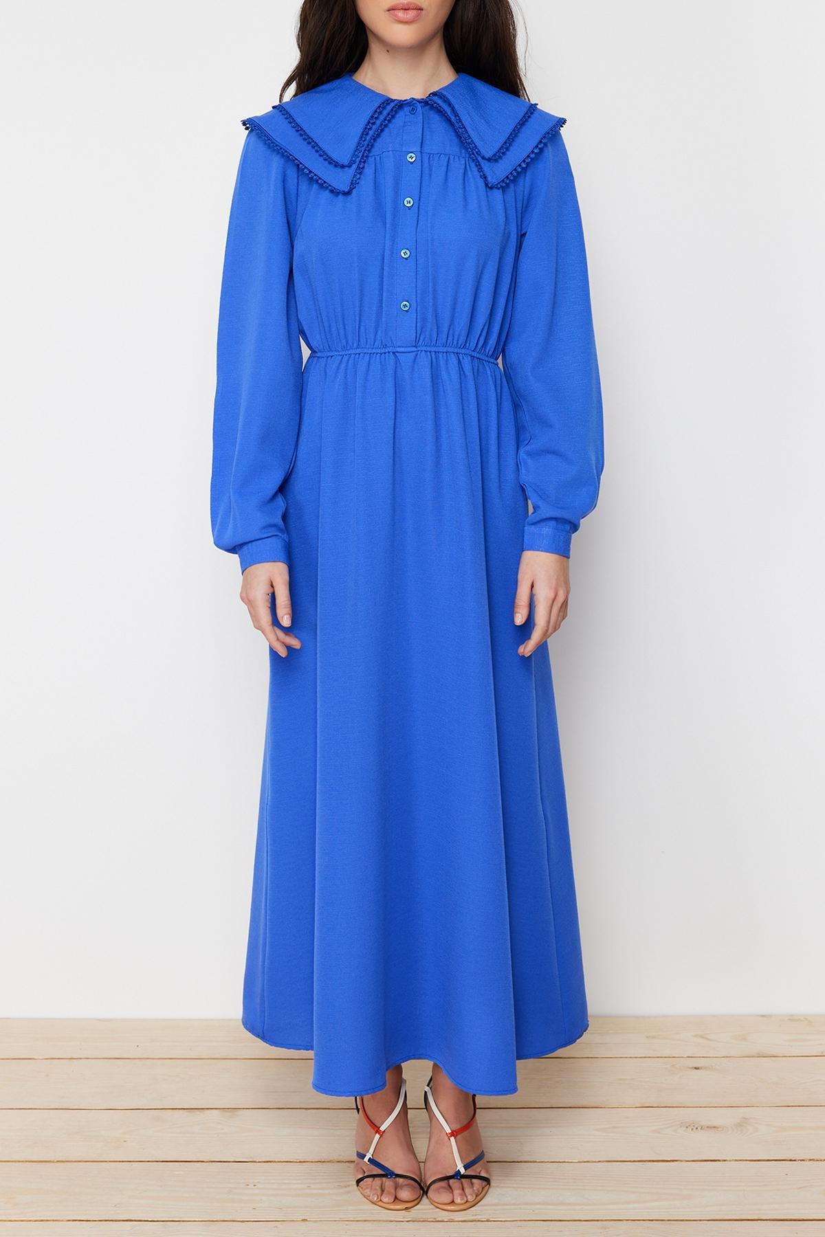 Blue Collared Linen Look Woven Dress, , large image number 3