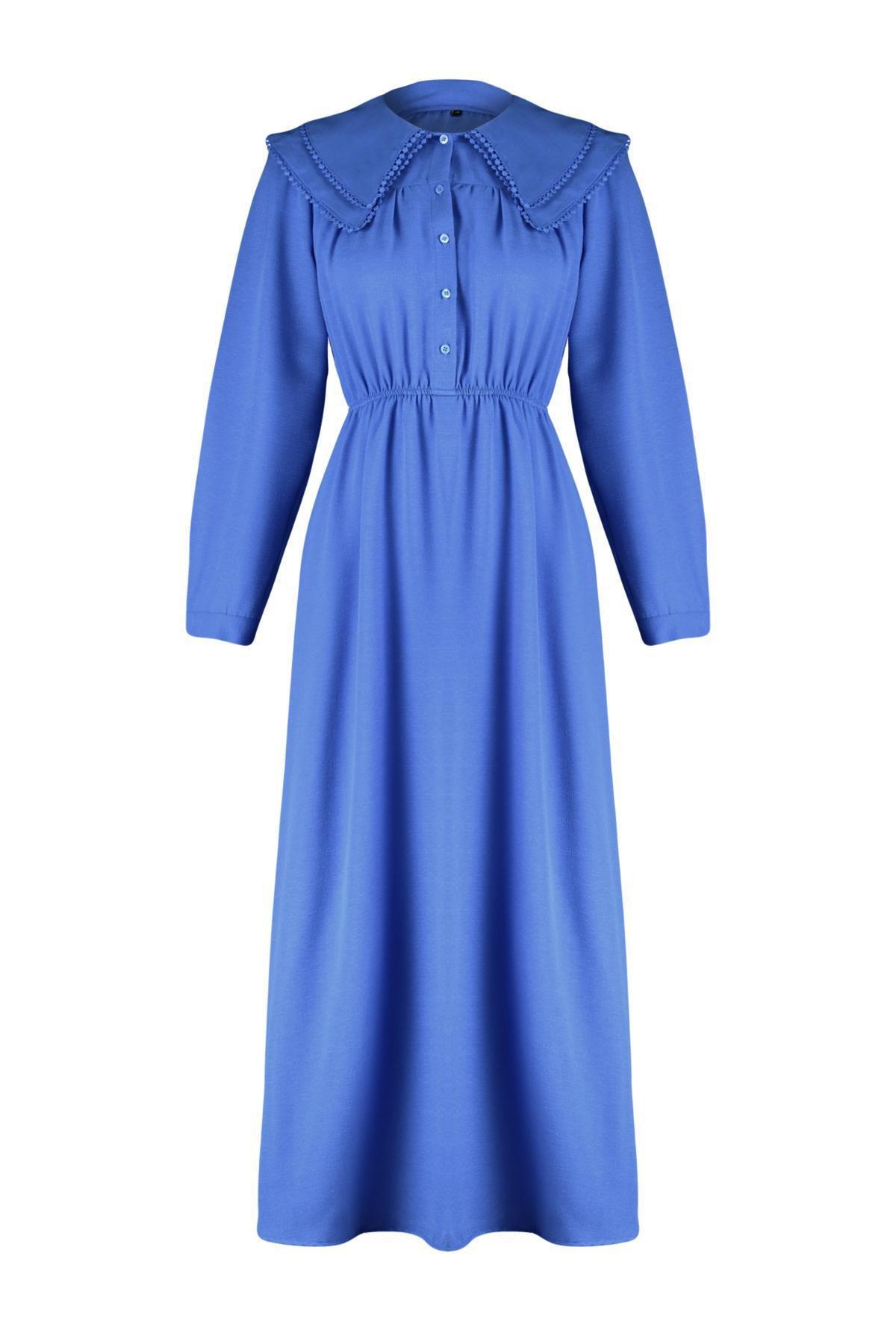 Blue Collared Linen Look Woven Dress, , large image number 5