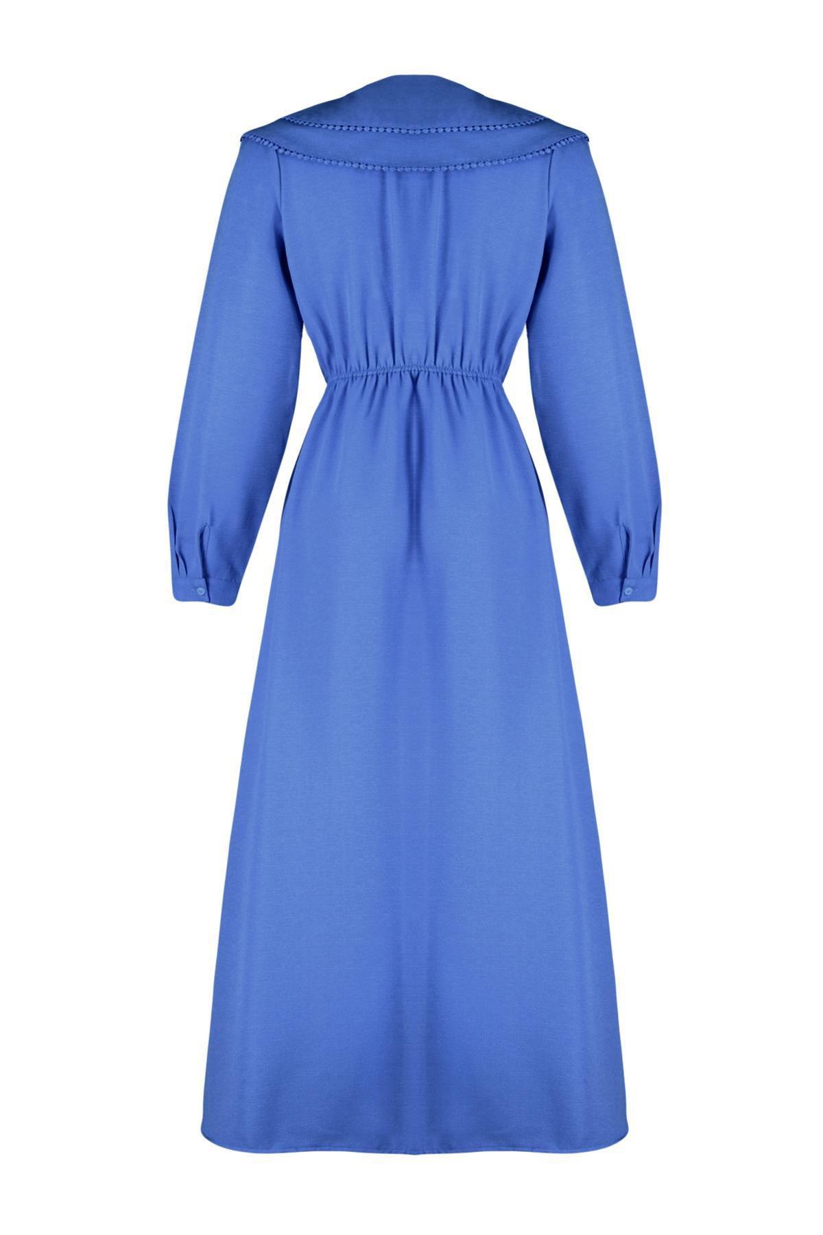 Blue Collared Linen Look Woven Dress, , large image number 6
