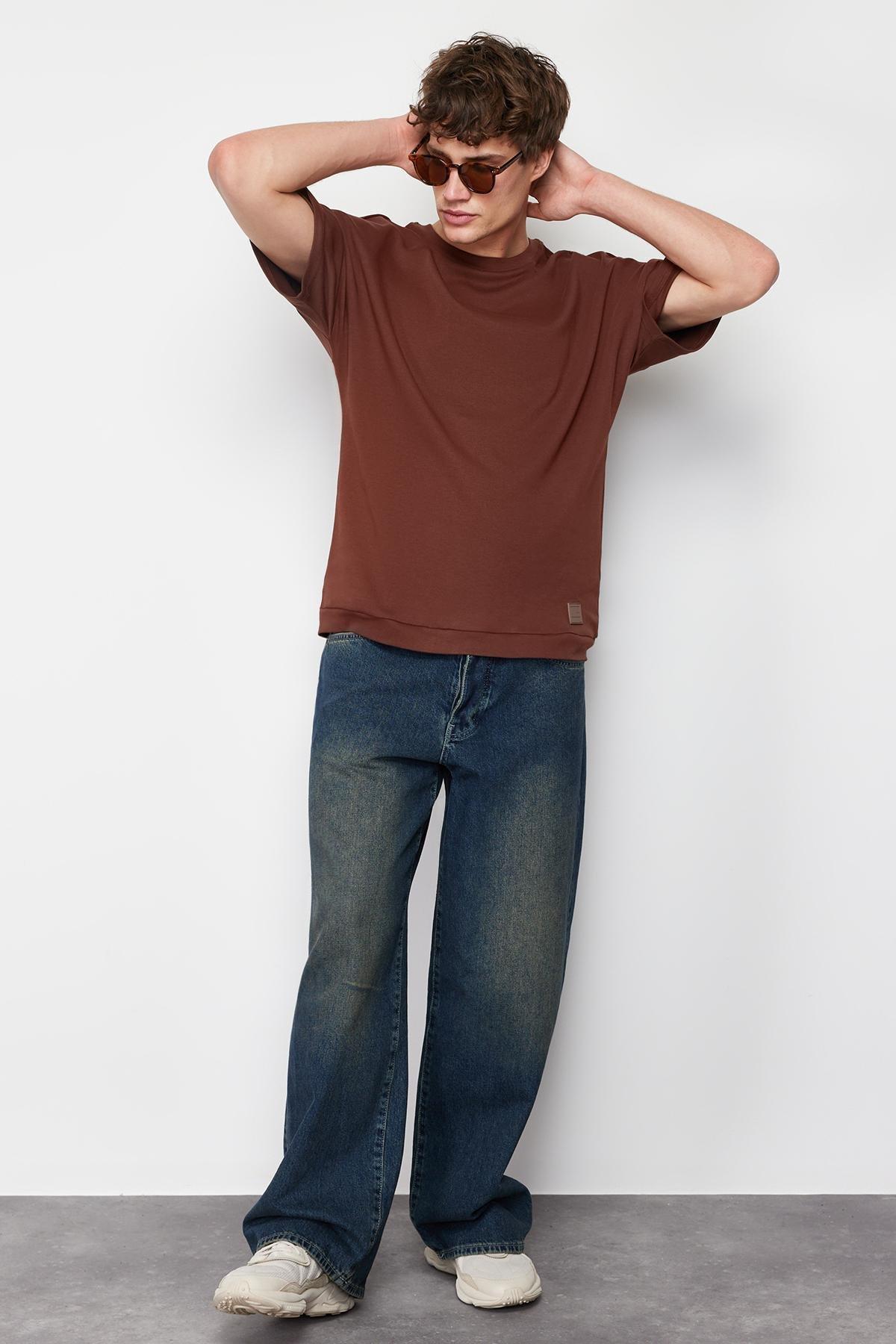 Brown Oversize T-Shirt with Stitching Detail TMNSS24TS00037, C101_4997, large image number 0