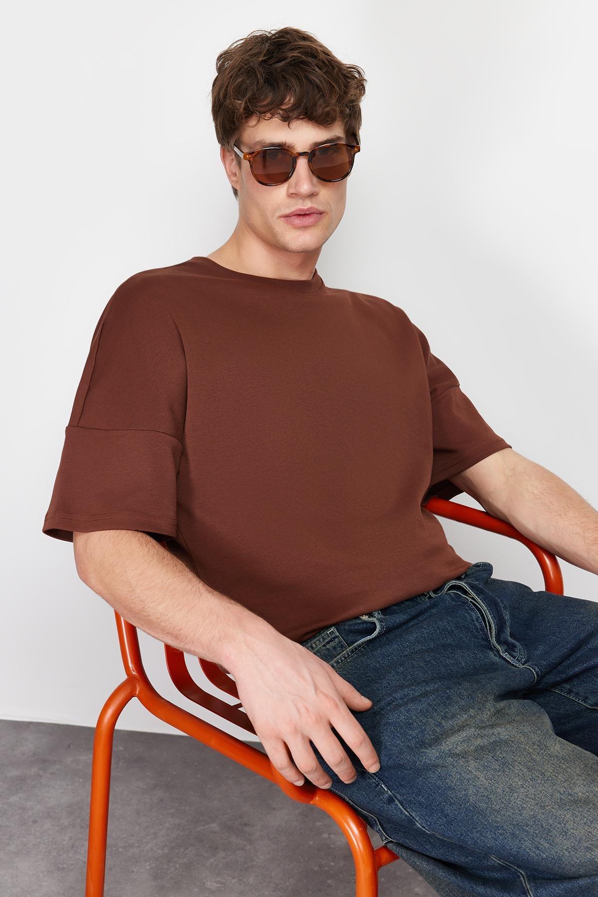 Brown Oversize T-Shirt with Stitching Detail TMNSS24TS00037, C101_4997, large image number 3