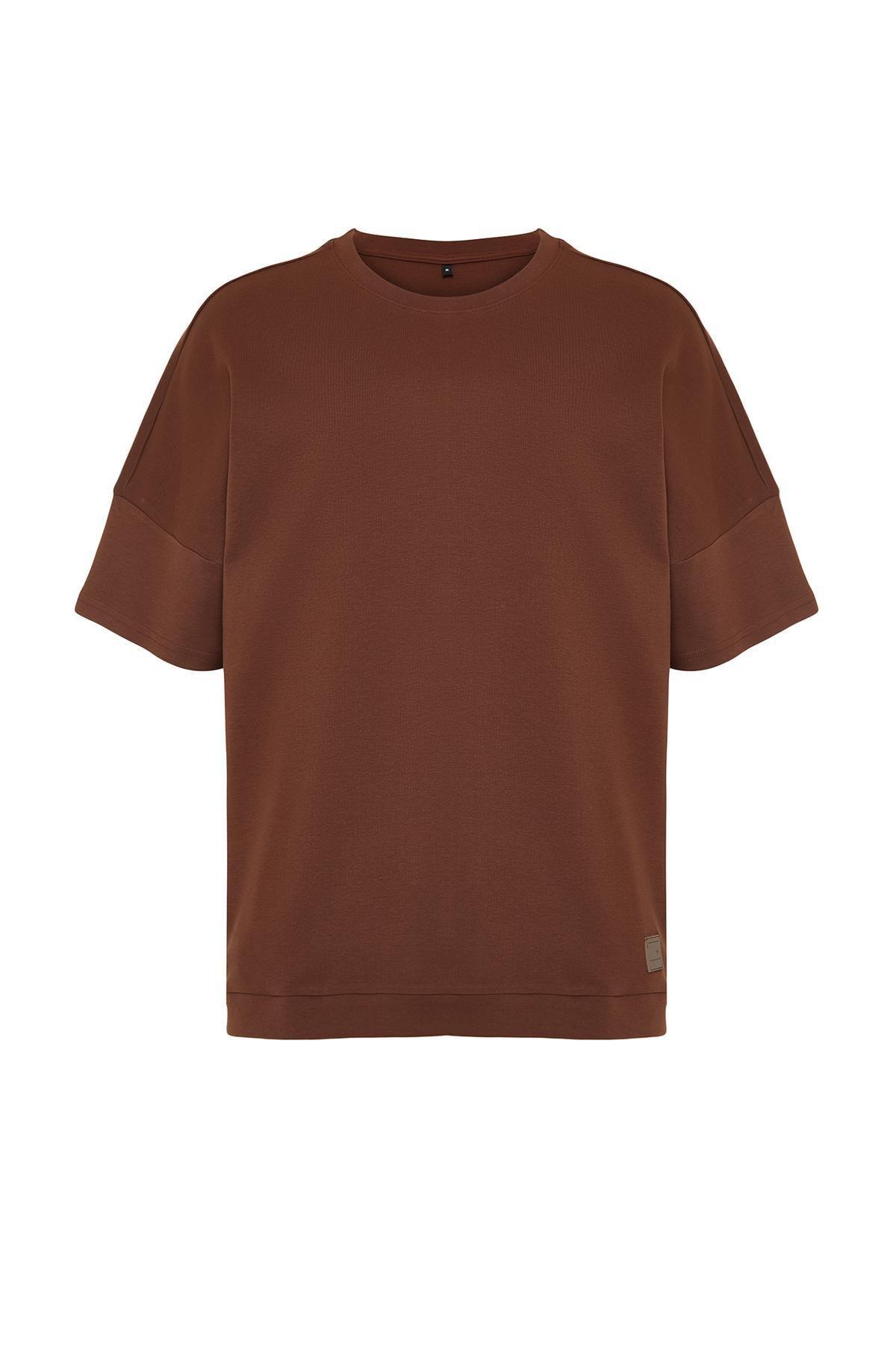 Brown Oversize T-Shirt with Stitching Detail TMNSS24TS00037, C101_4997, large image number 4