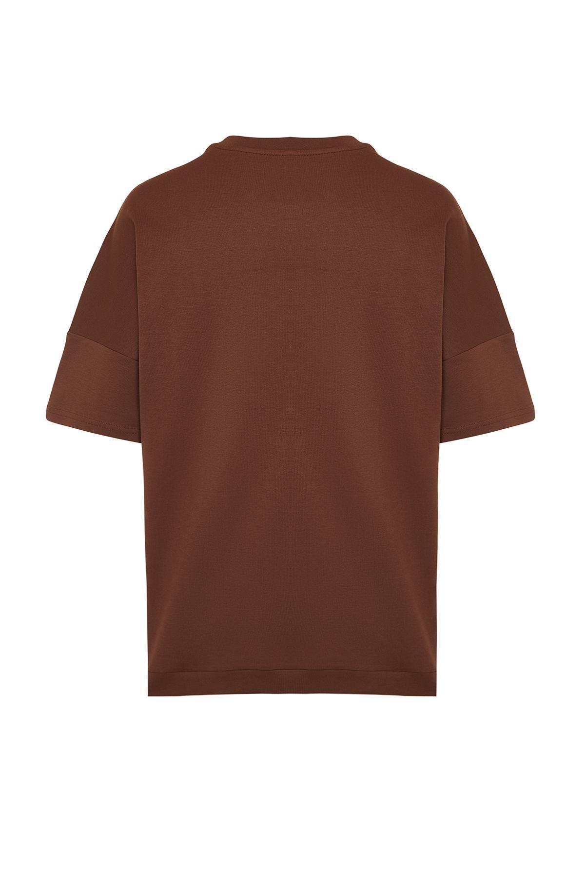 Brown Oversize T-Shirt with Stitching Detail TMNSS24TS00037, C101_4997, large image number 5