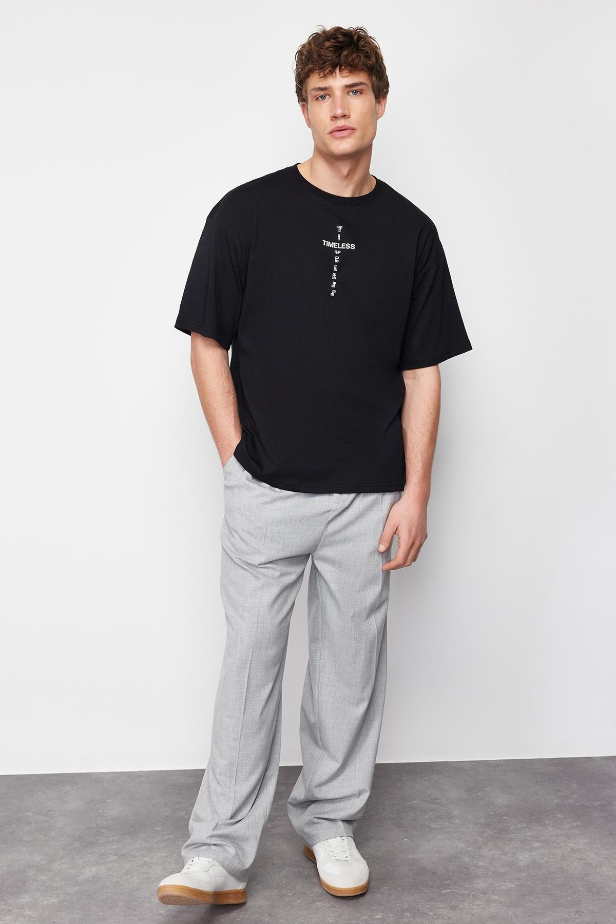 Black Oversize/Wide Cut Puffy Text Printed 100% Cotton T-shirt TMNSS24TS00048, BLACK, large image number 0