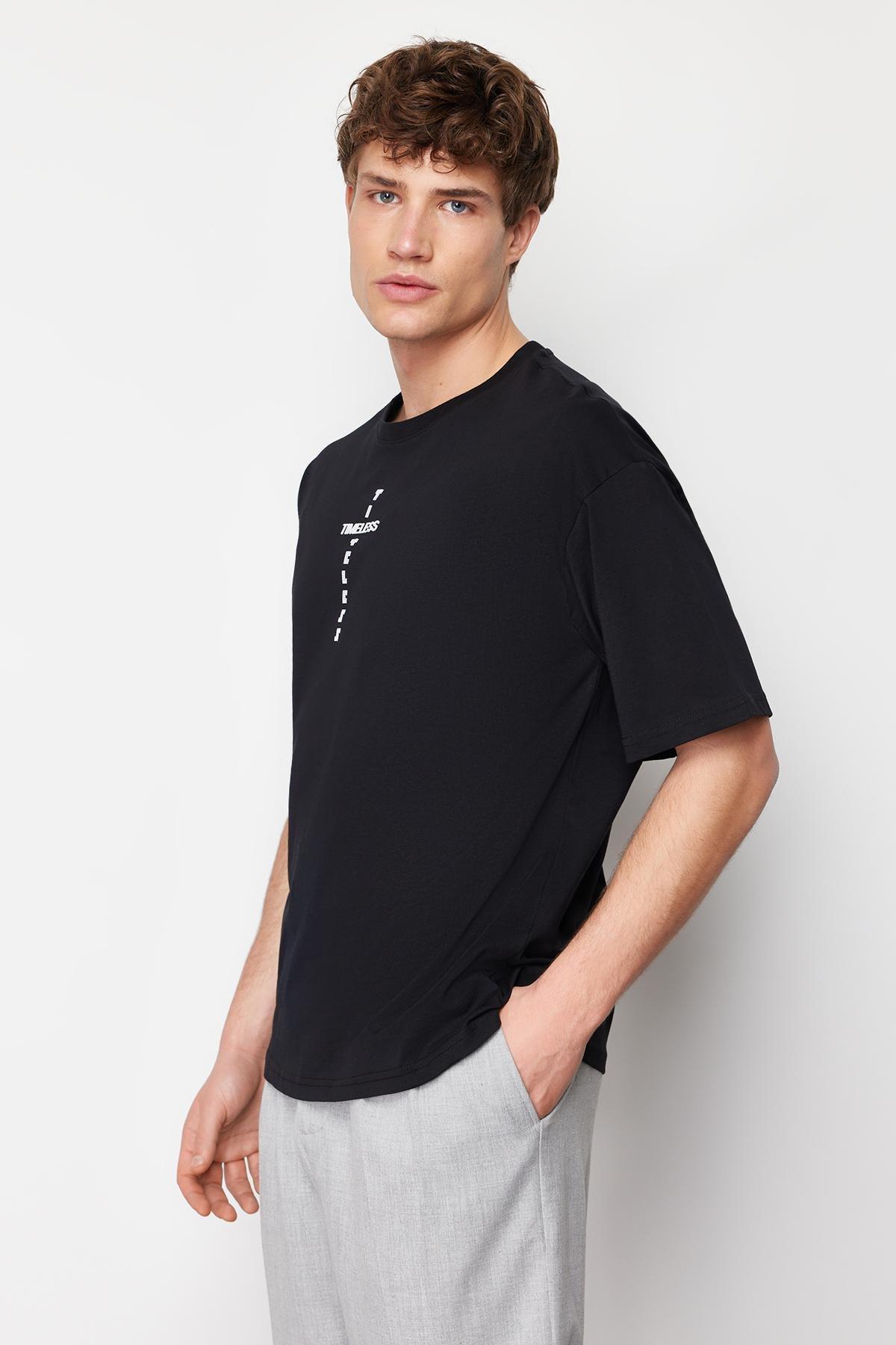 Black Oversize/Wide Cut Puffy Text Printed 100% Cotton T-shirt TMNSS24TS00048, BLACK, large image number 1