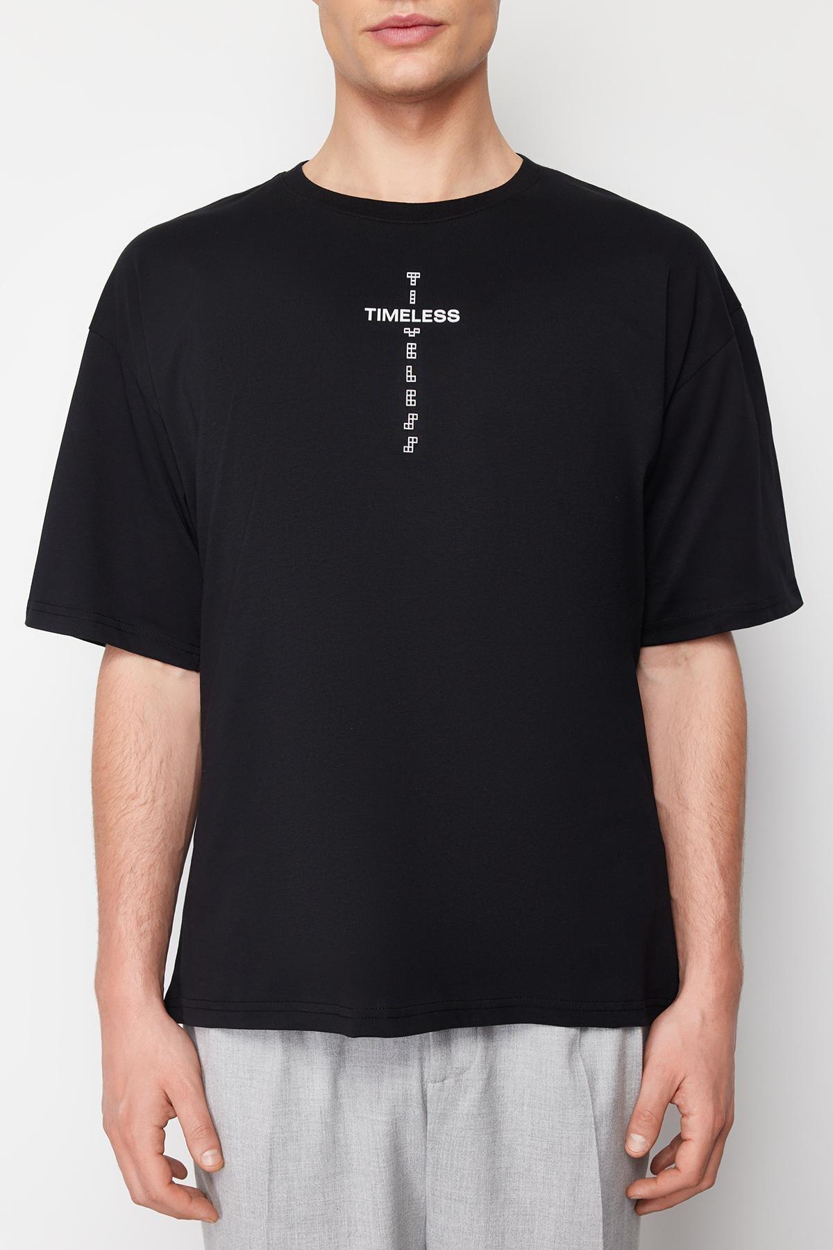 Black Oversize/Wide Cut Puffy Text Printed 100% Cotton T-shirt TMNSS24TS00048, BLACK, large image number 3