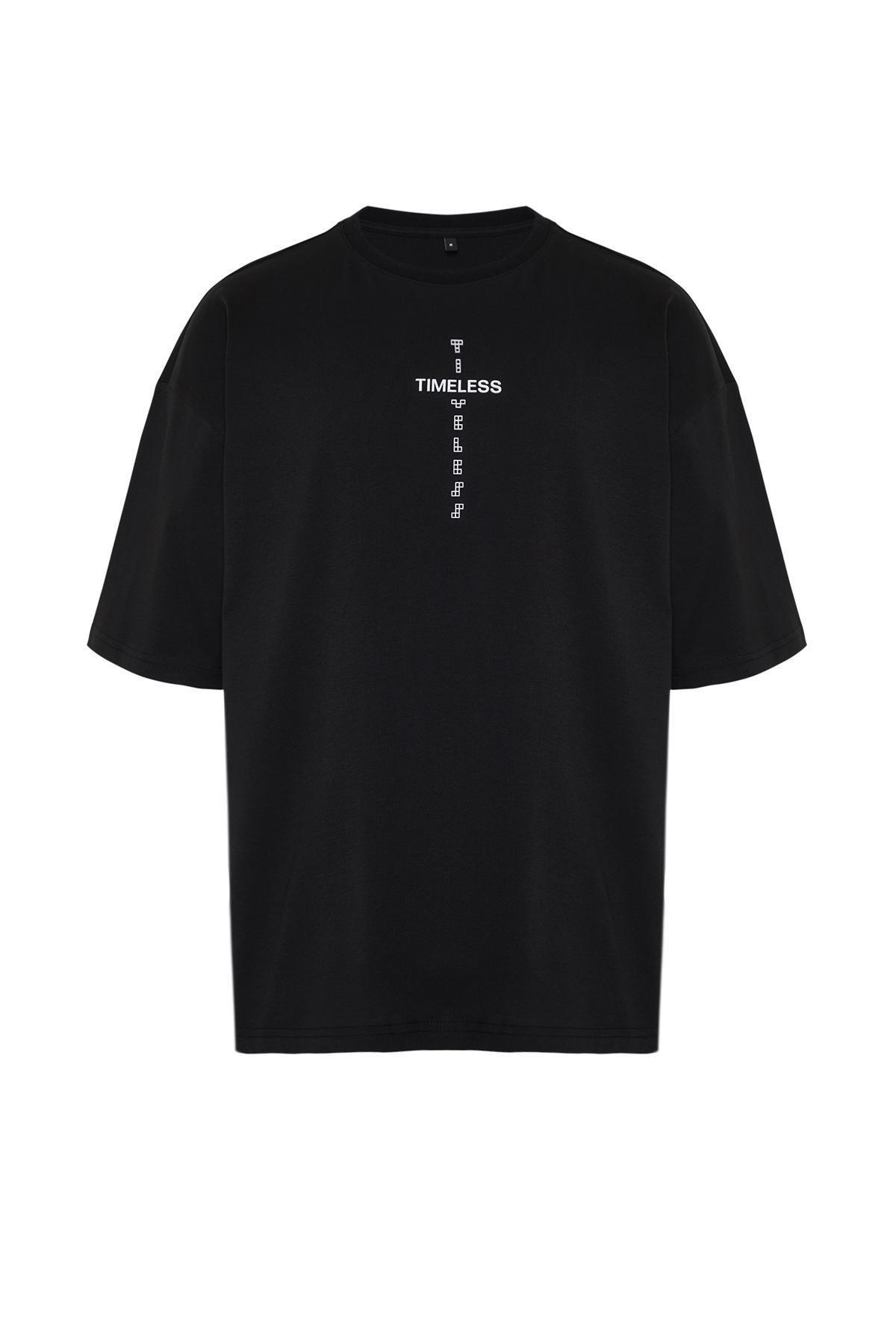 Black Oversize/Wide Cut Puffy Text Printed 100% Cotton T-shirt TMNSS24TS00048, BLACK, large image number 4