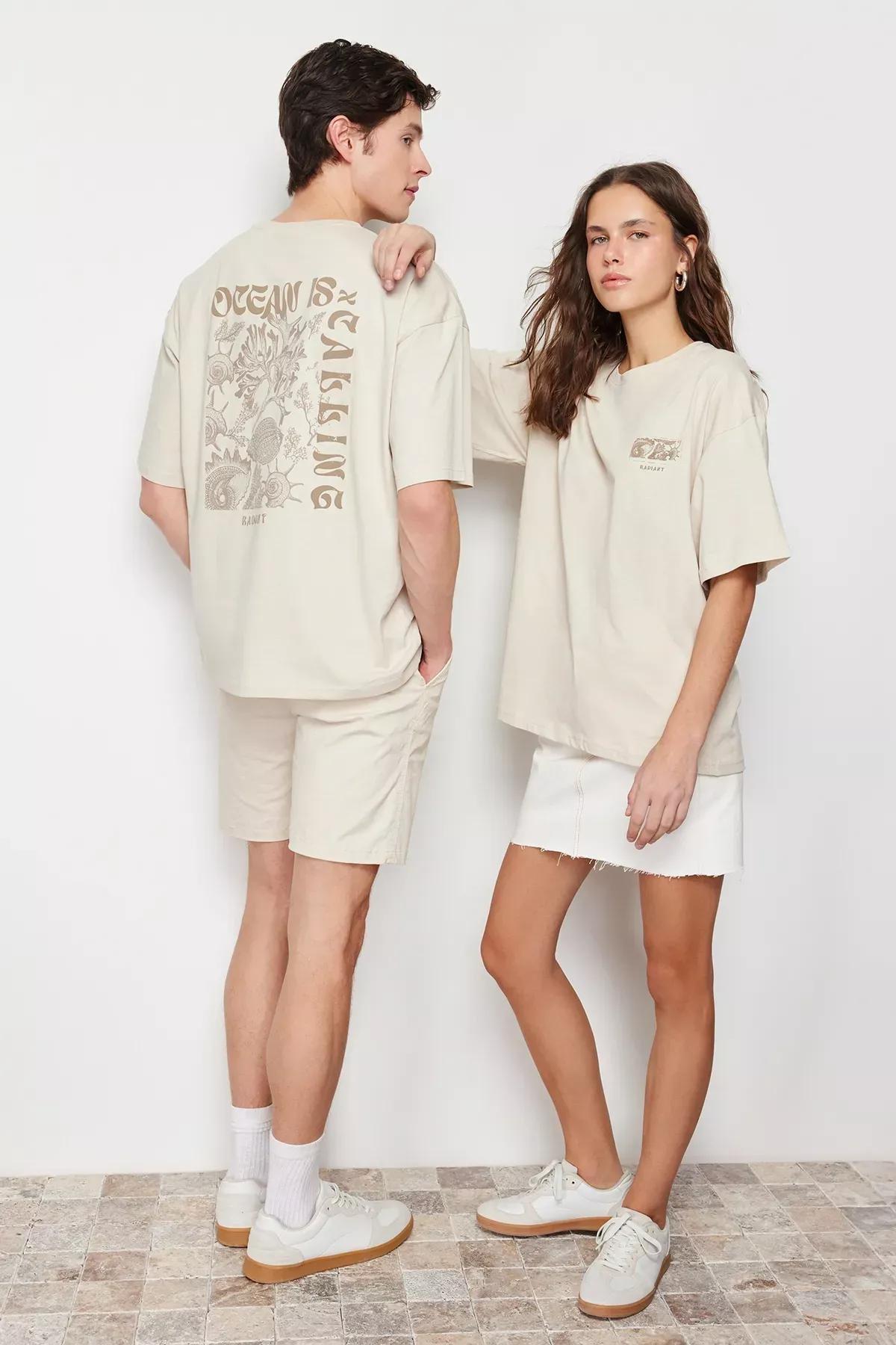 Beige Oversized Printed T-Shirt, Unisex, , large image number 0
