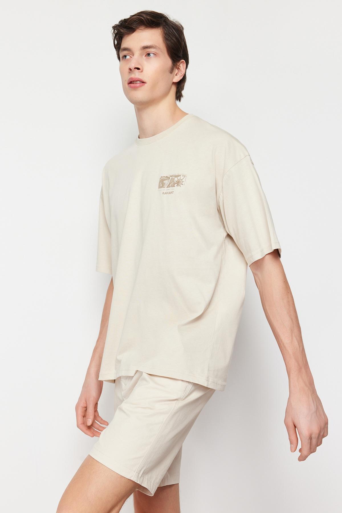 Trendyol - Beige Oversized Printed T-Shirt, Unisex