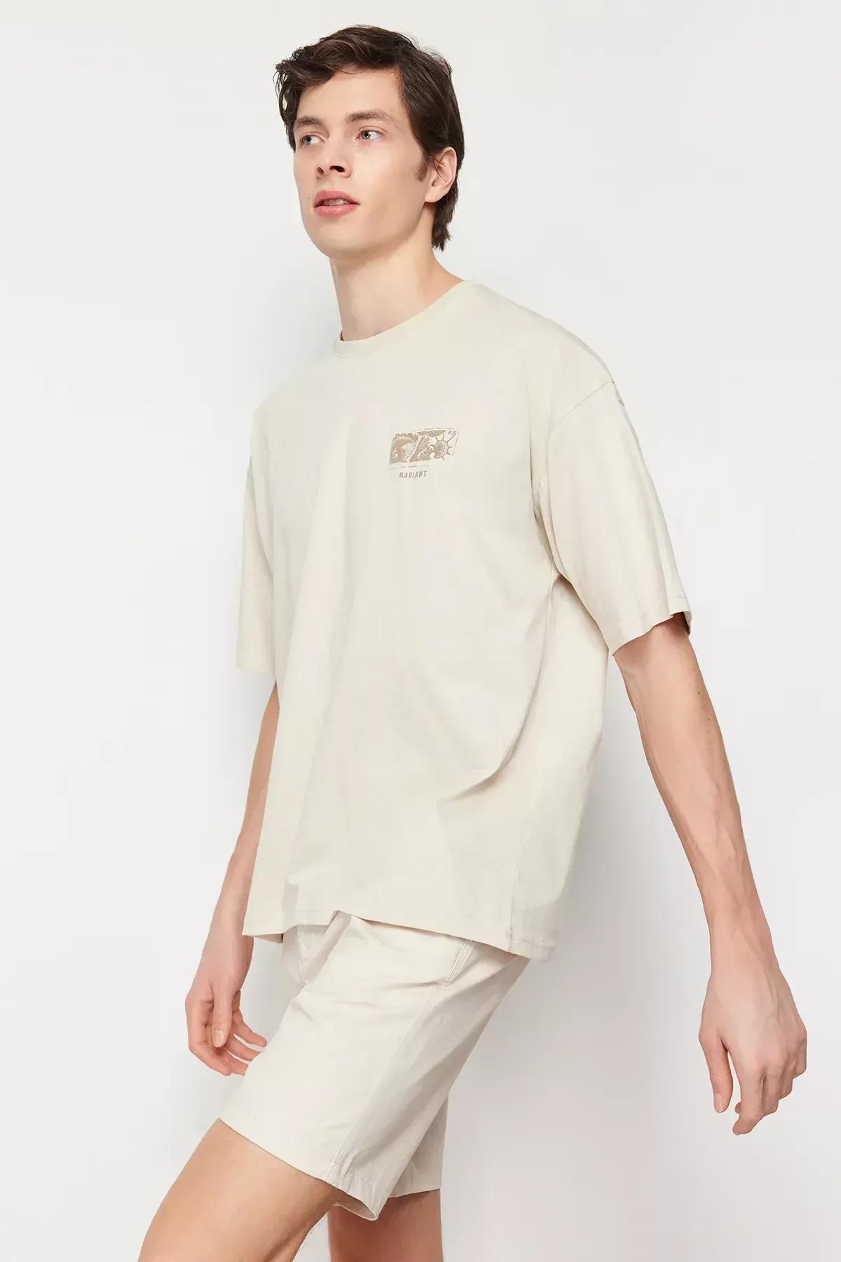 Beige Oversized Printed T-Shirt, Unisex, , large image number 1