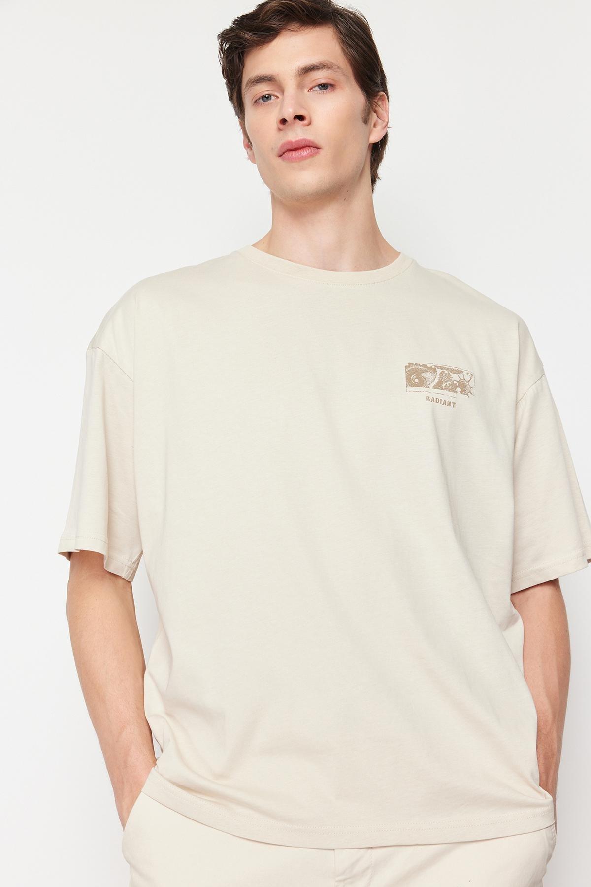 Trendyol - Beige Oversized Printed T-Shirt, Unisex