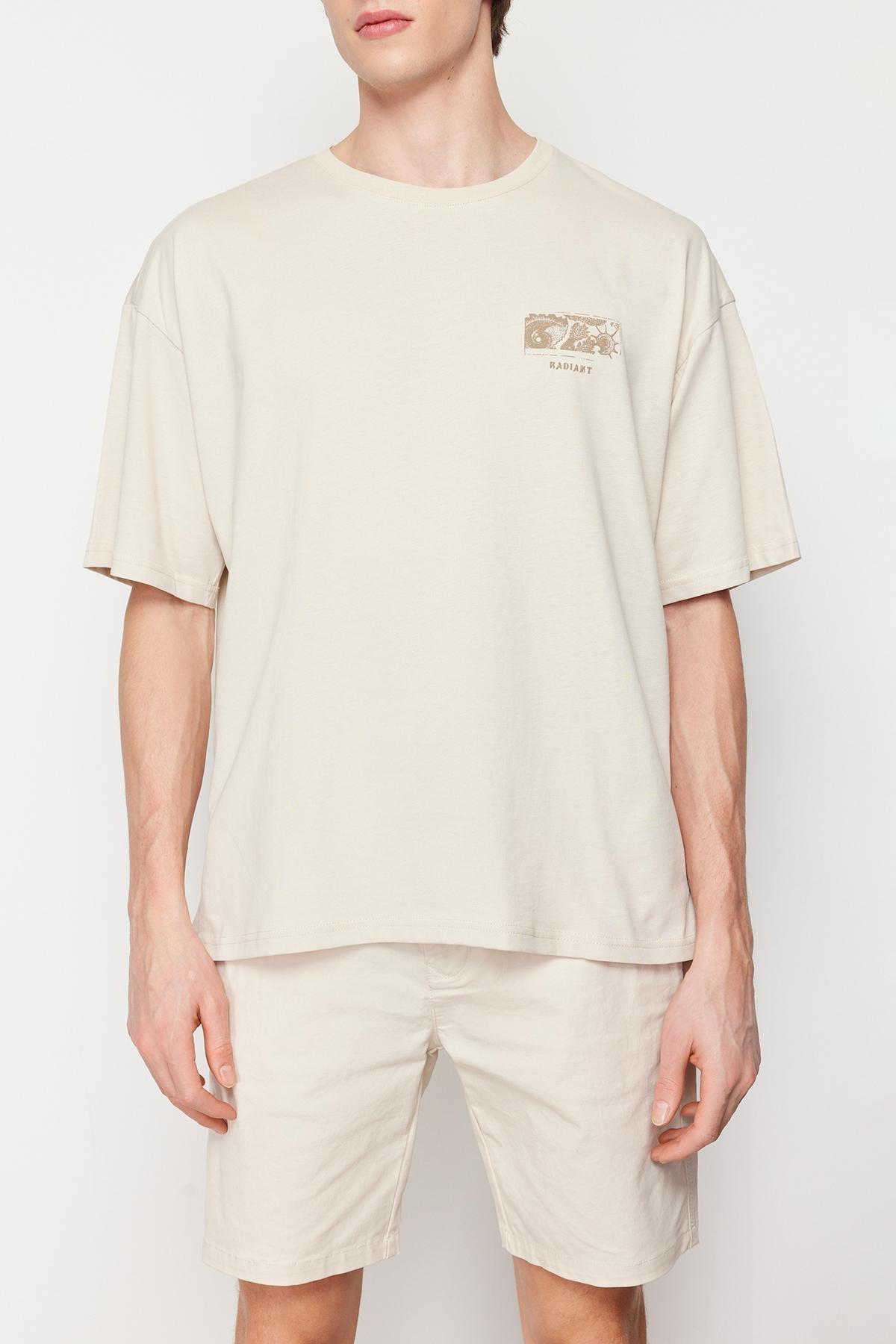 Trendyol - Beige Oversized Printed T-Shirt, Unisex