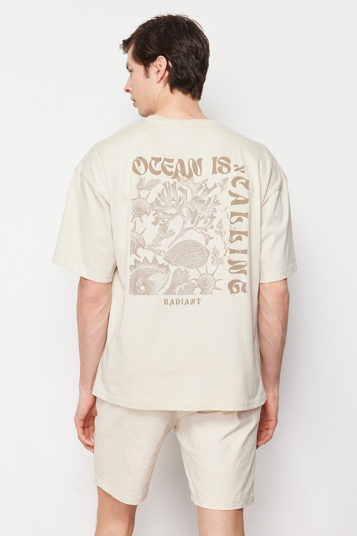 Beige Oversized Printed T-Shirt, Unisex, , large image number 4