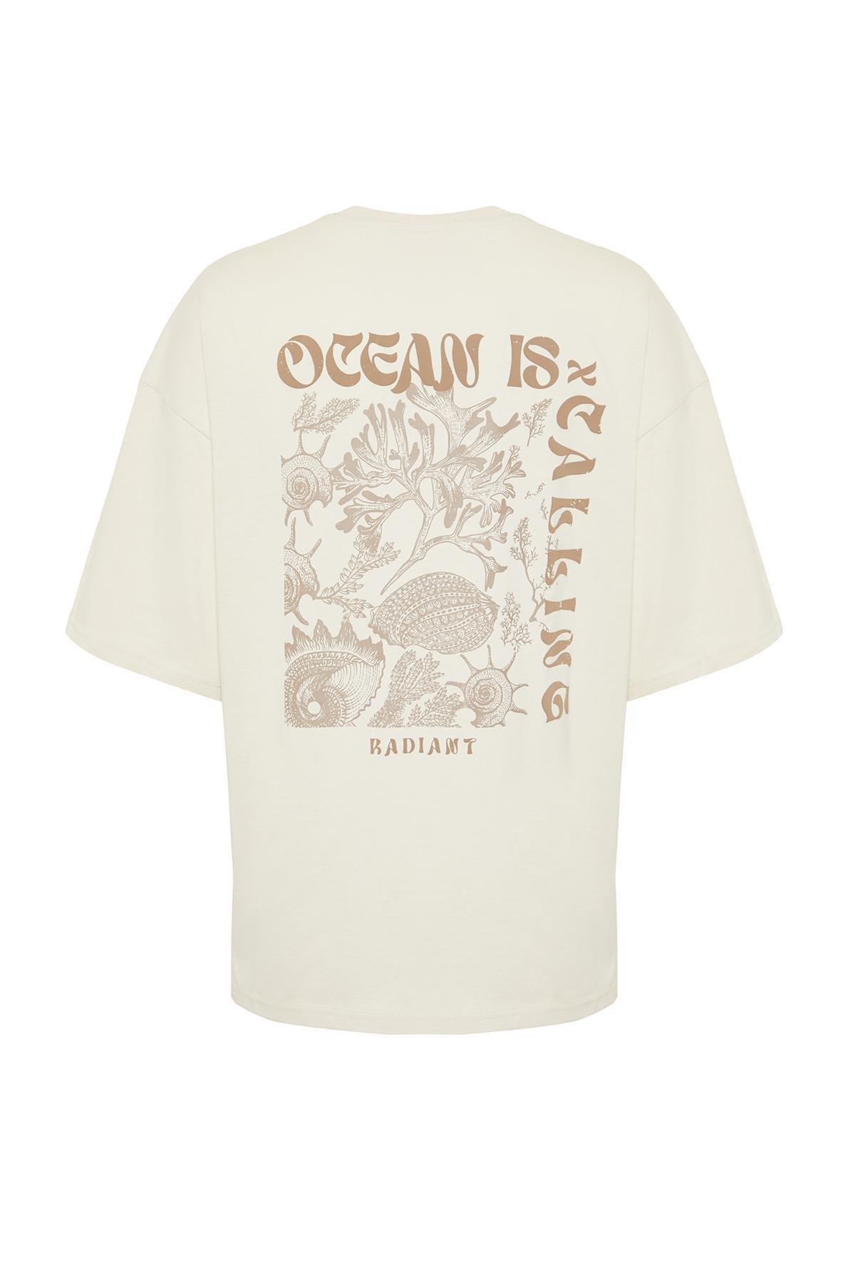 Trendyol - Beige Oversized Printed T-Shirt, Unisex