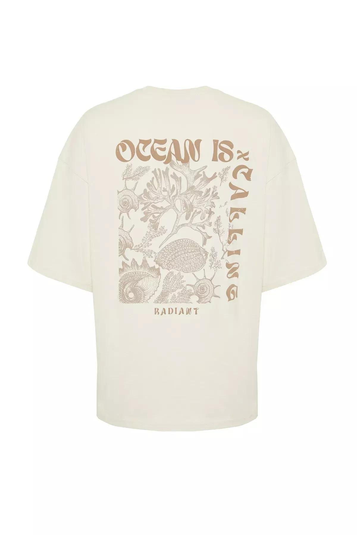 Beige Oversized Printed T-Shirt, Unisex, , large image number 5