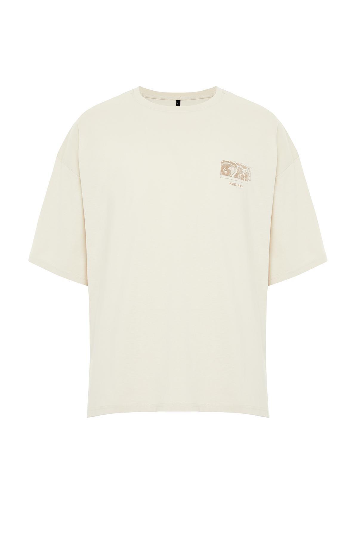 Beige Oversized Printed T-Shirt, Unisex, , large image number 6