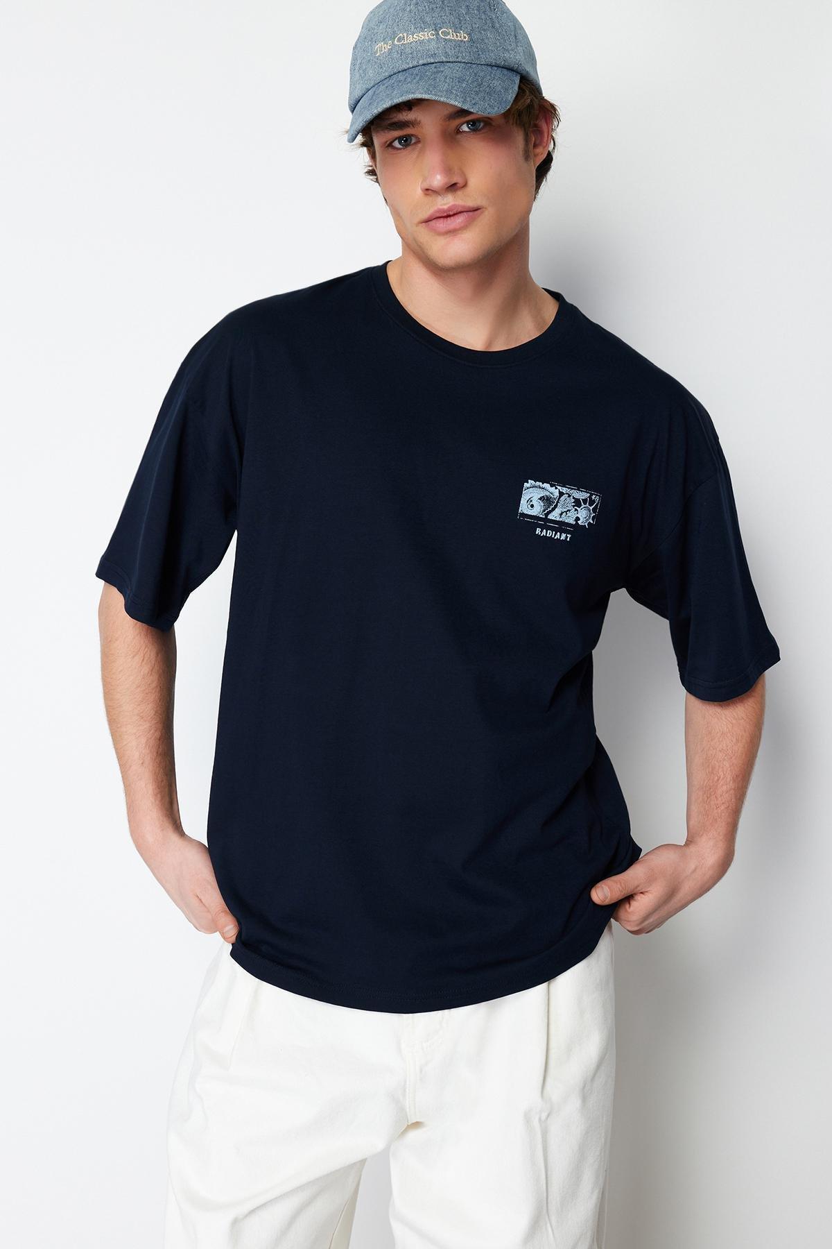 Navy Blue Oversize/Wide Cut Back Embossed Text Printed 100% Cotton T-shirt TMNSS24TS00052, , large image number 1