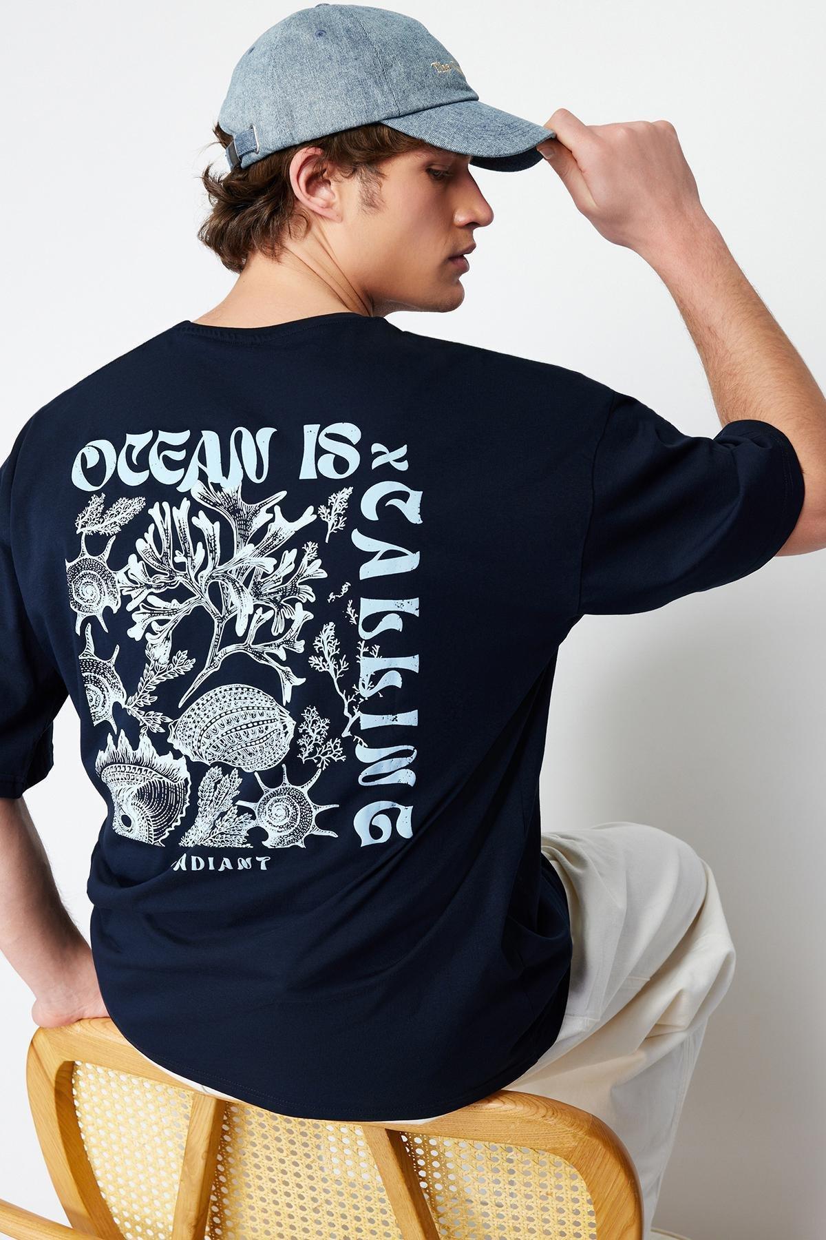 Navy Blue Oversize/Wide Cut Back Embossed Text Printed 100% Cotton T-shirt TMNSS24TS00052, , large image number 2