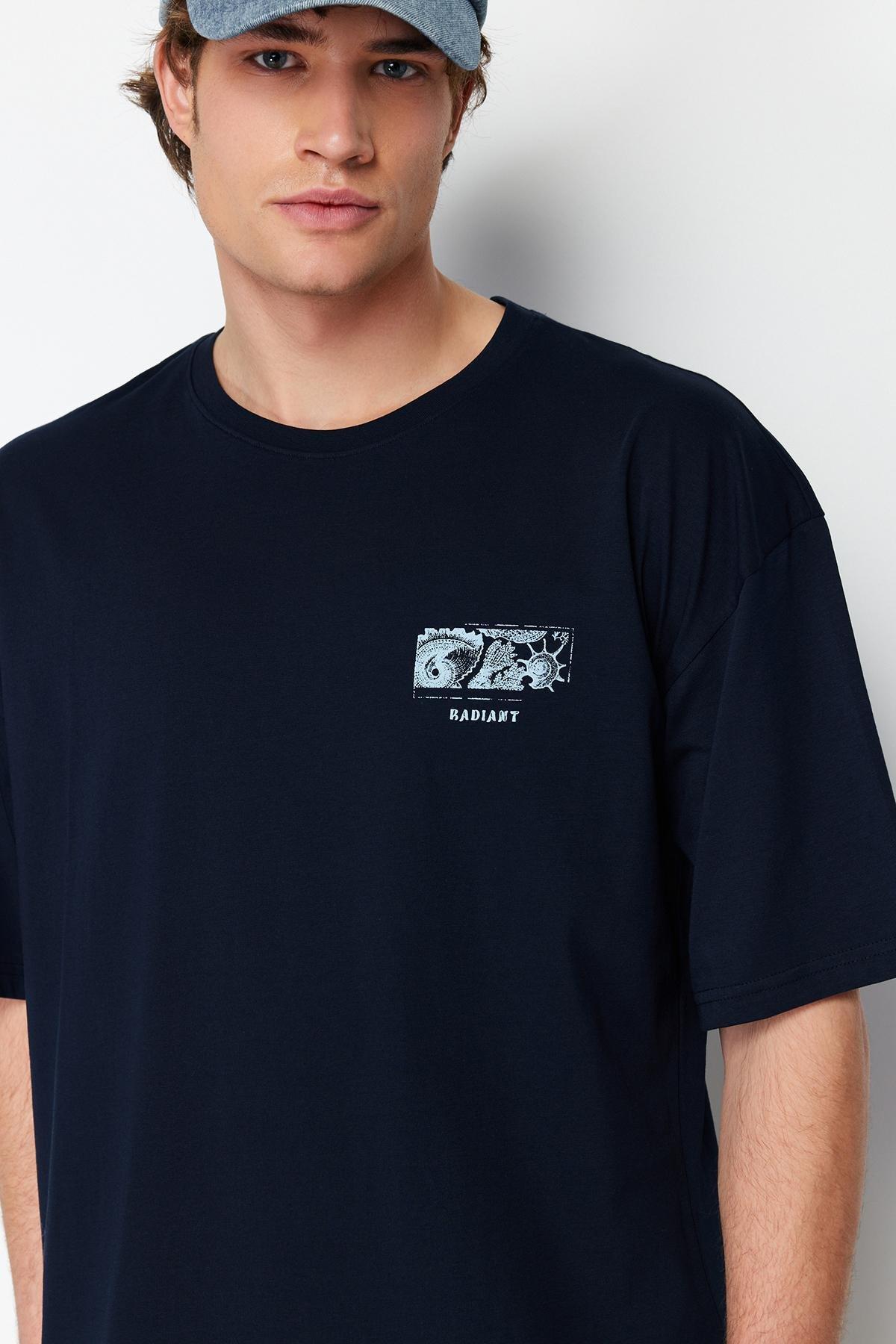 Navy Blue Oversize/Wide Cut Back Embossed Text Printed 100% Cotton T-shirt TMNSS24TS00052, , large image number 3