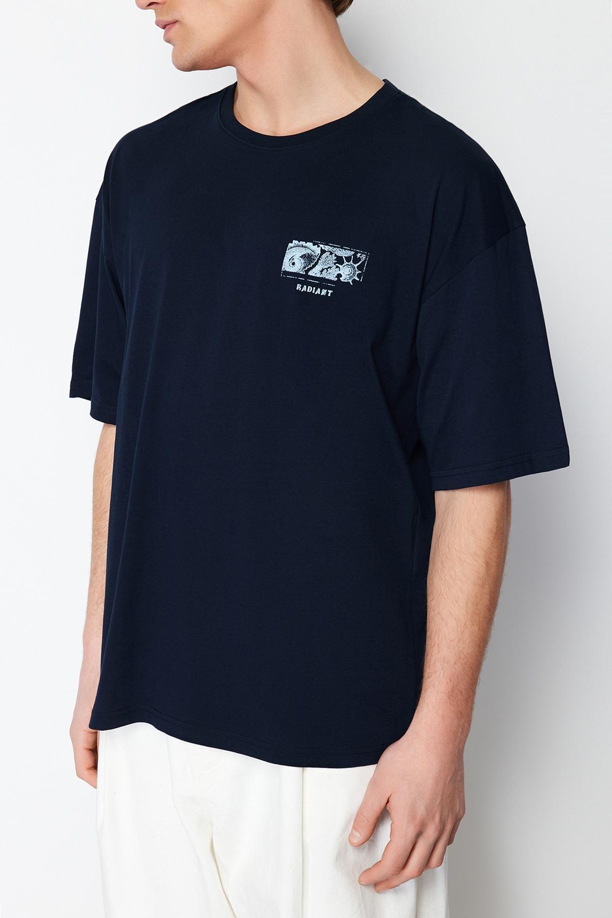 Navy Blue Oversize/Wide Cut Back Embossed Text Printed 100% Cotton T-shirt TMNSS24TS00052, , large image number 4