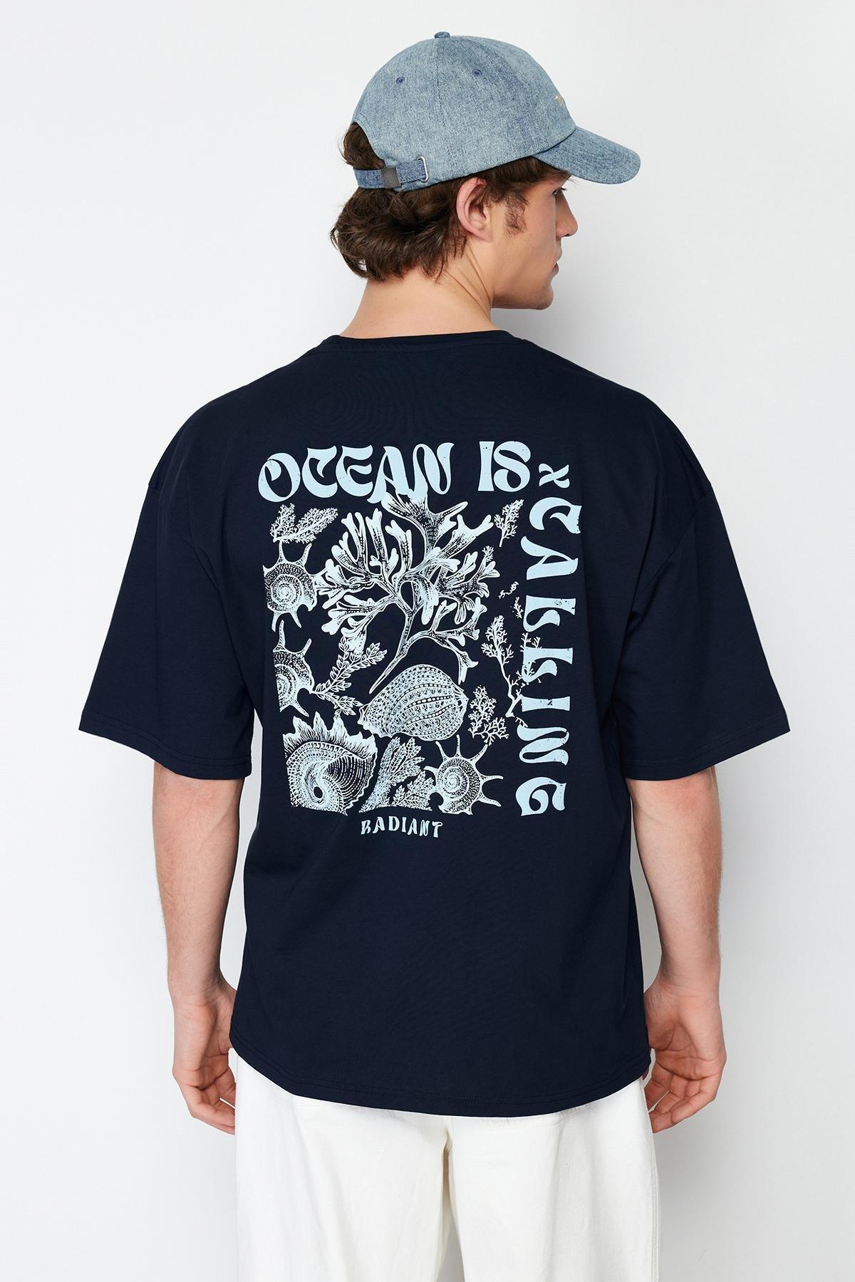 Navy Blue Oversize/Wide Cut Back Embossed Text Printed 100% Cotton T-shirt TMNSS24TS00052, , large image number 5
