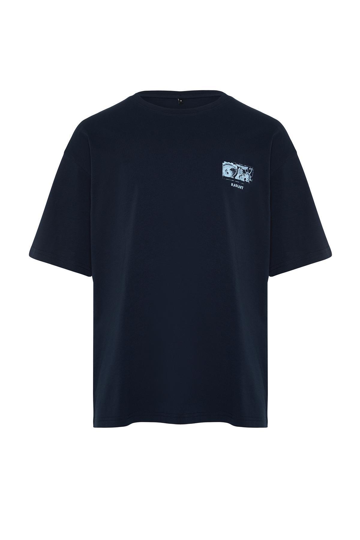 Navy Blue Oversize/Wide Cut Back Embossed Text Printed 100% Cotton T-shirt TMNSS24TS00052, , large image number 6