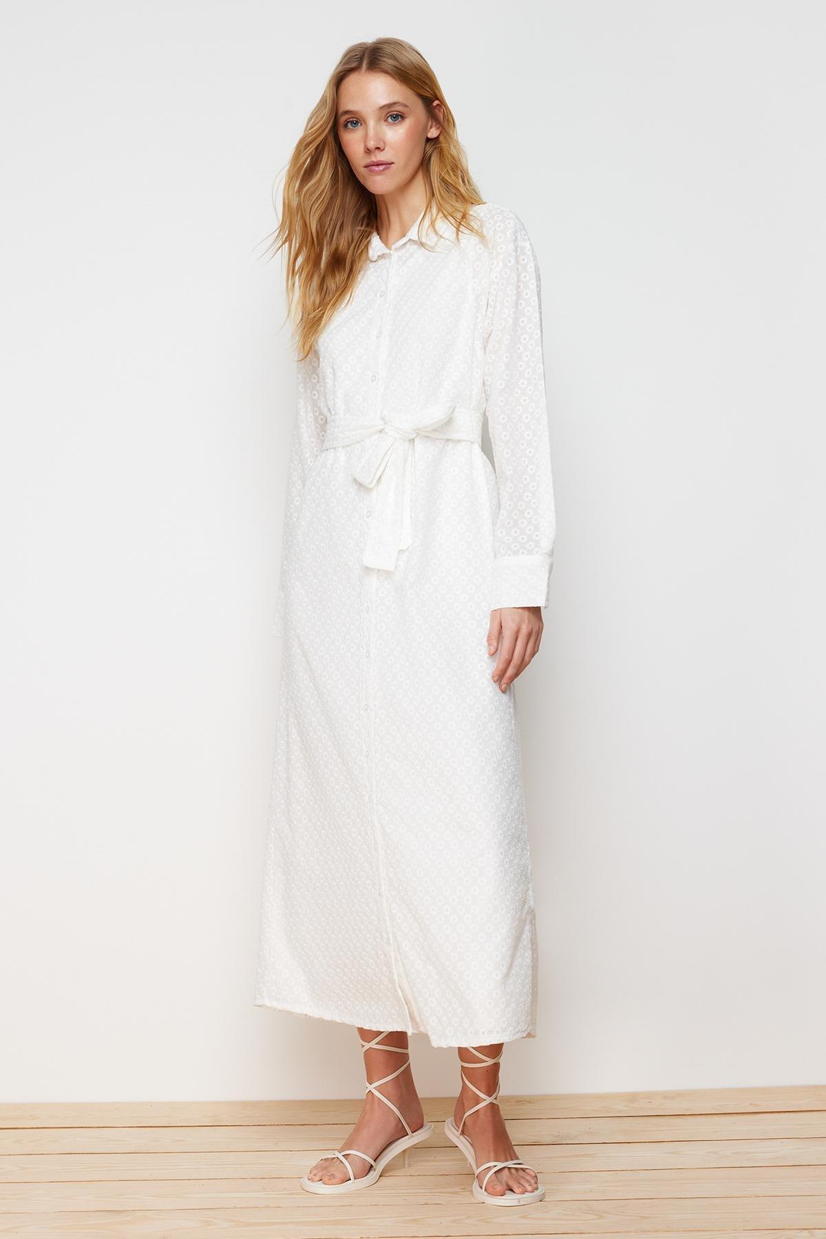 White Floral Belted Embroidery Shirt Dress, White, large image number 1