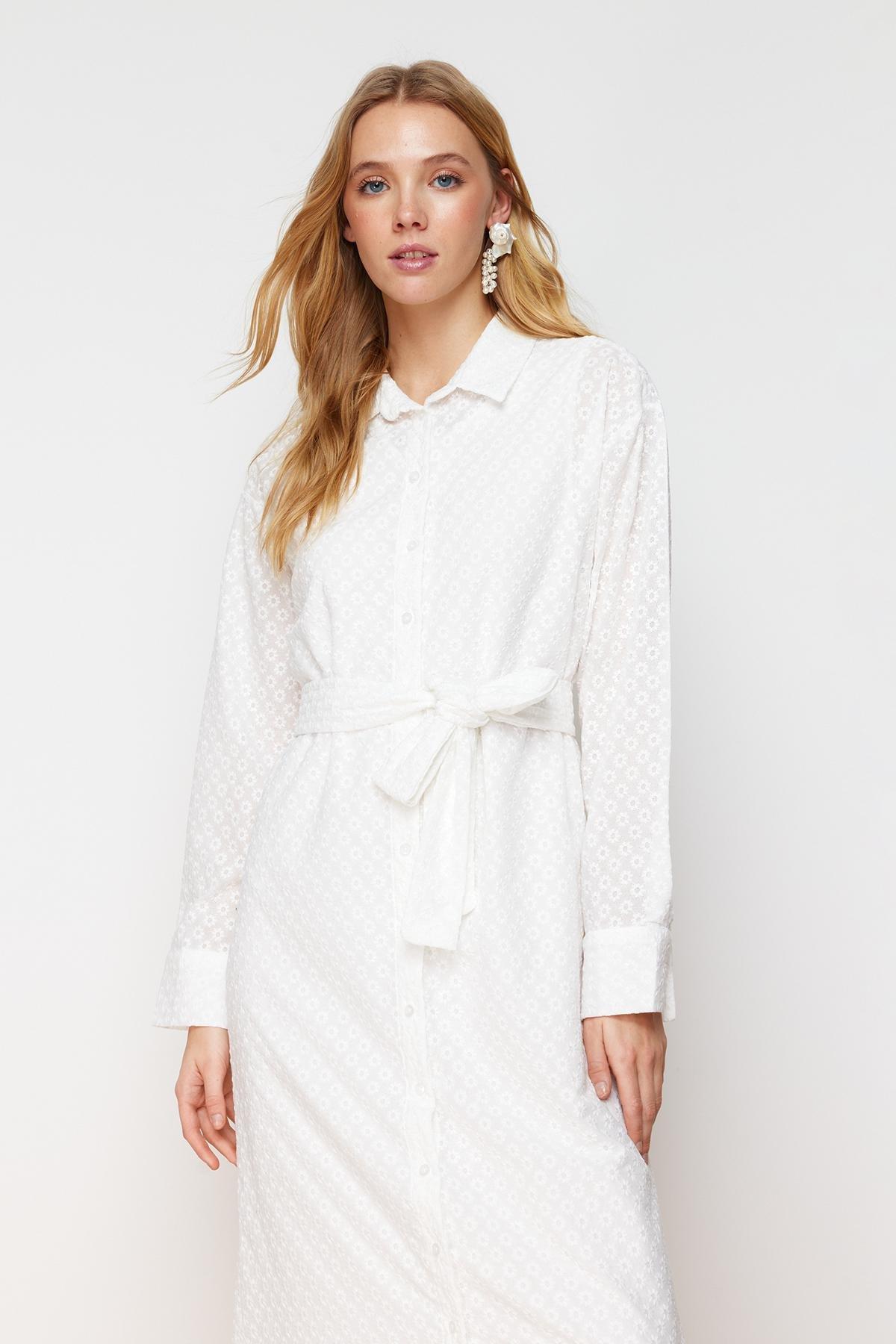 White Floral Belted Embroidery Shirt Dress, White, large image number 2