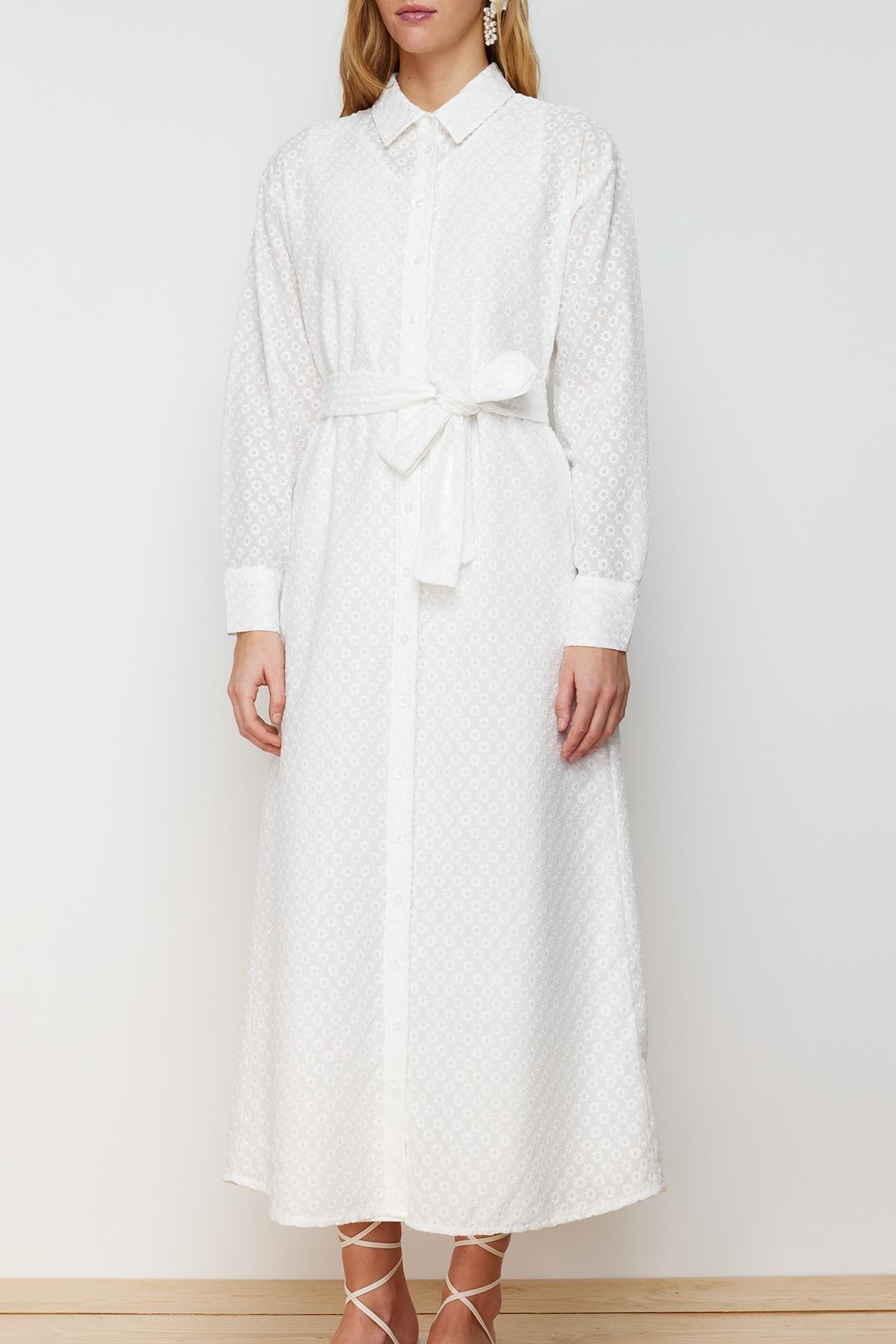 White Floral Belted Embroidery Shirt Dress, White, large image number 3