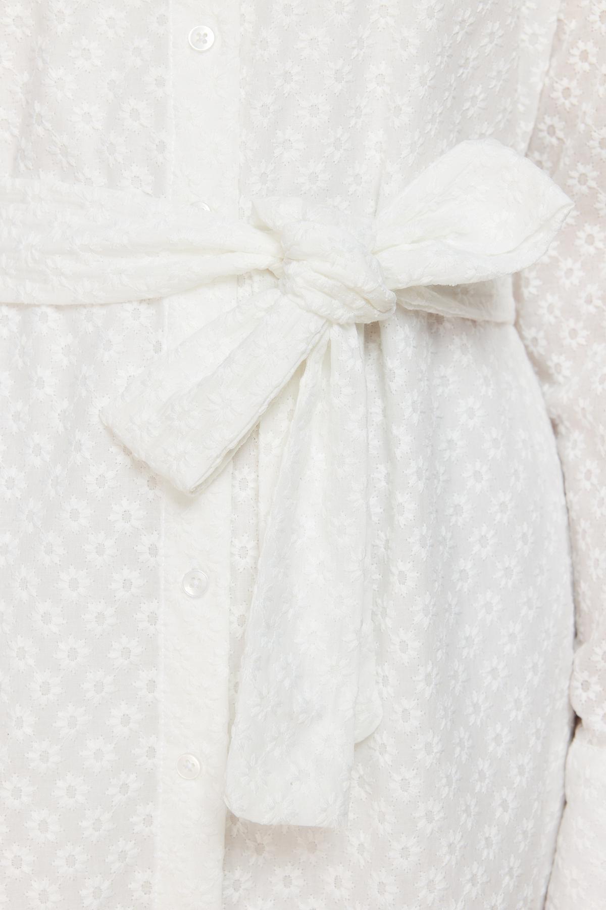 White Floral Belted Embroidery Shirt Dress, White, large image number 4