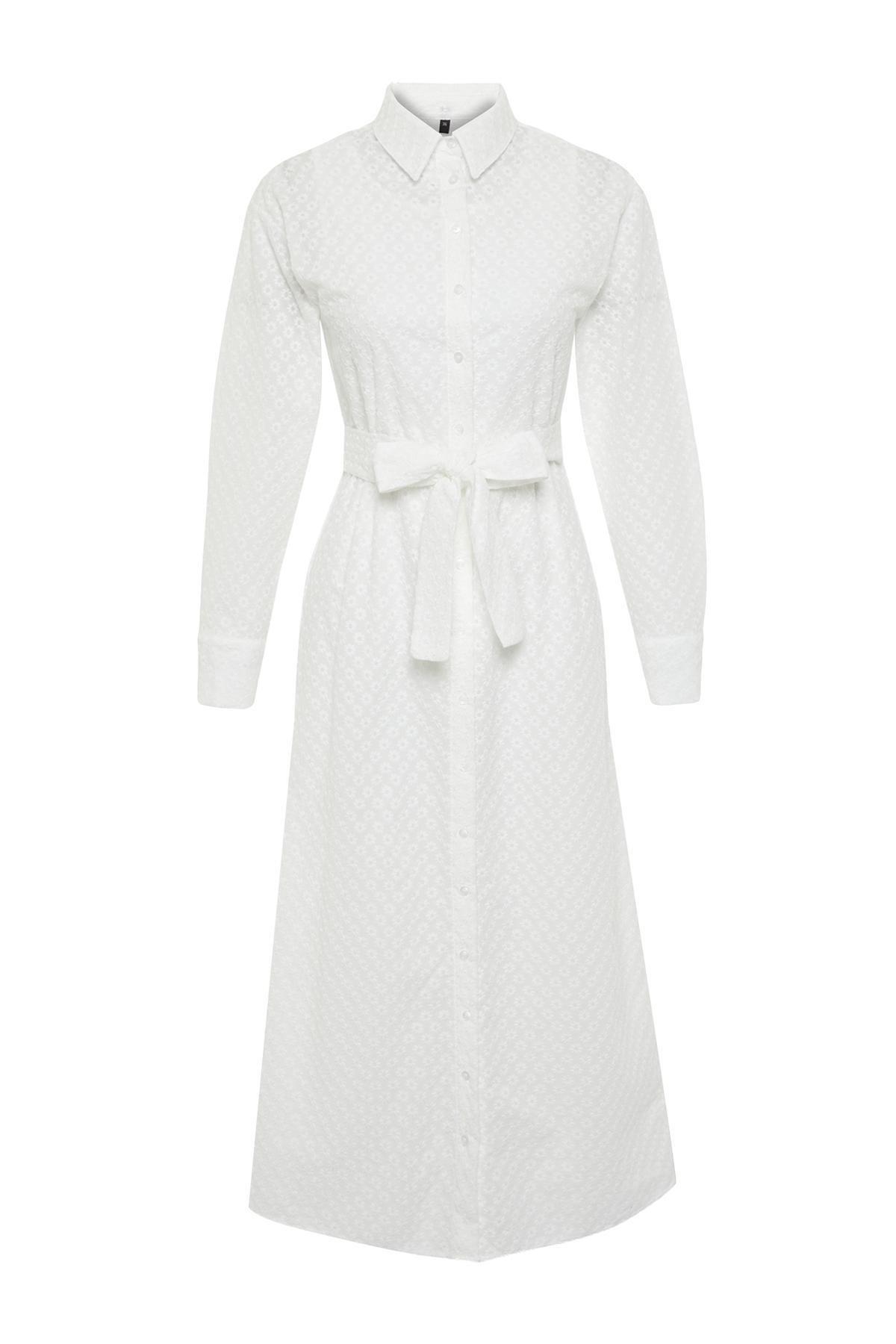 White Floral Belted Embroidery Shirt Dress, White, large image number 5