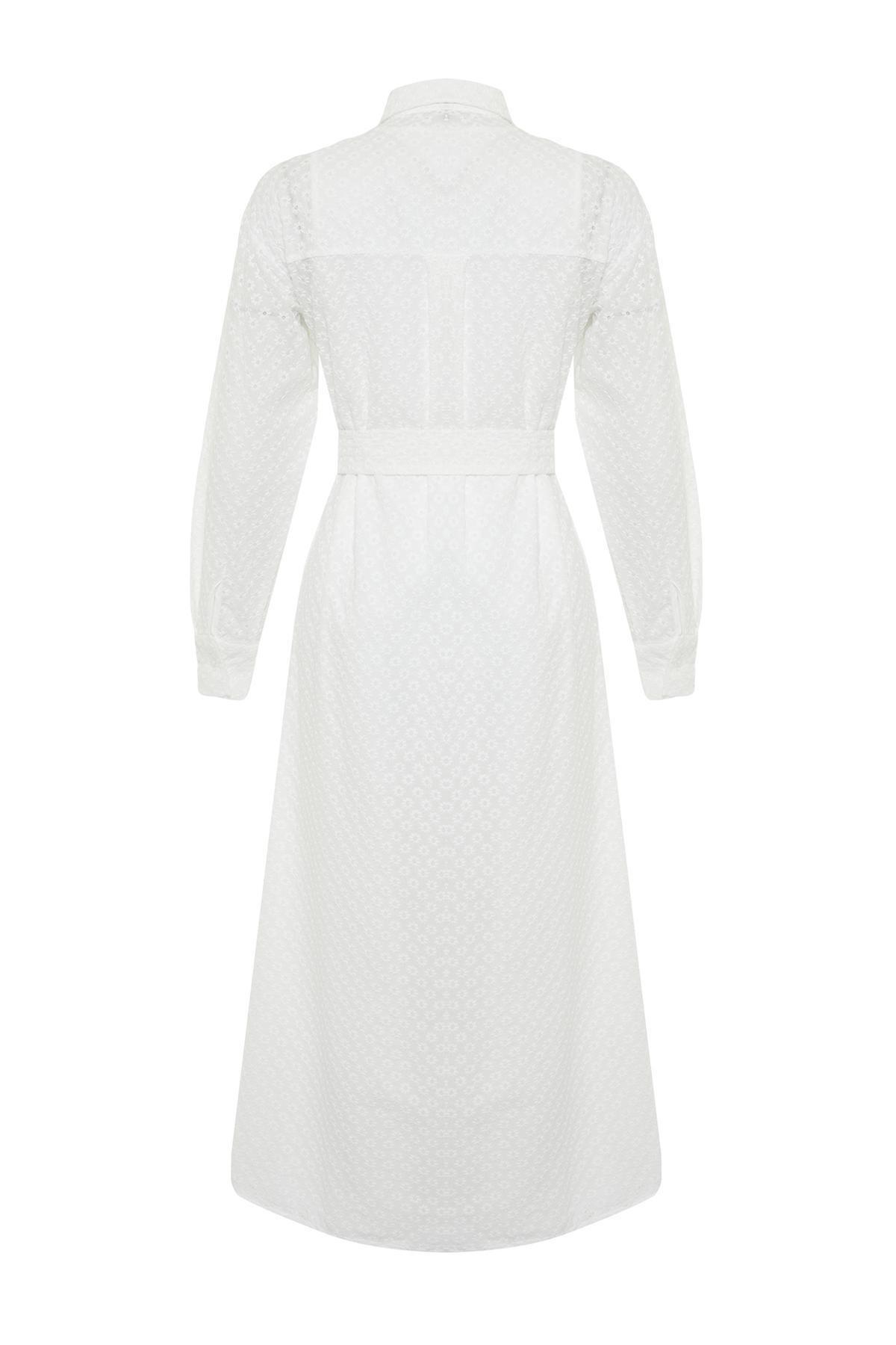White Floral Belted Embroidery Shirt Dress, White, large image number 6
